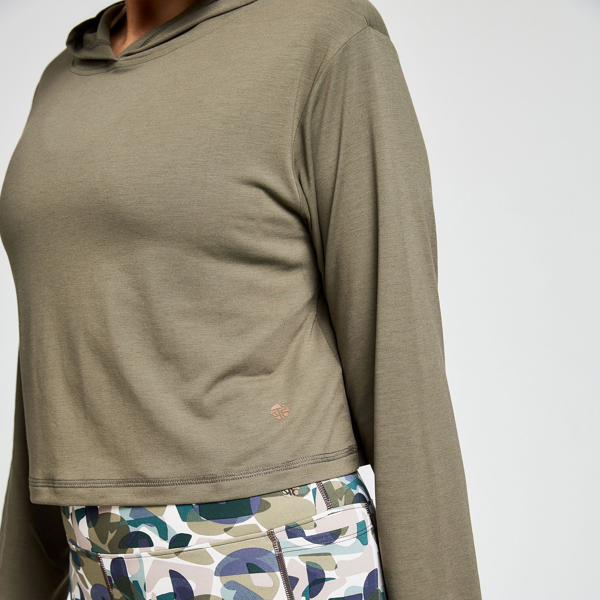 BAHE Zephyr Short Sleeve Boxy Hooded Tee for Women - Casual Oversized Hoodie in Khaki | Perfect for Streetwear, Loungewear & Everyday Outfits
