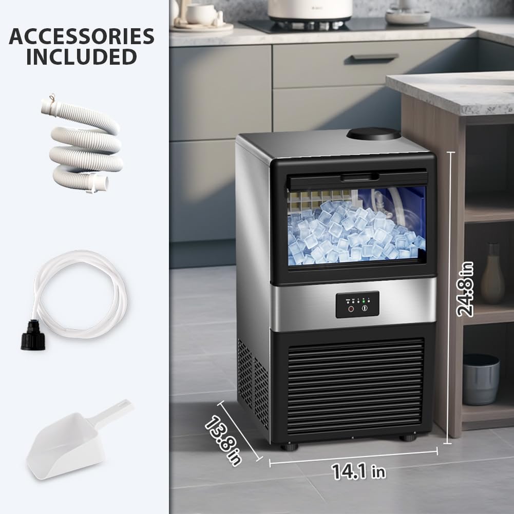Commercial Ice Maker Machine - Freestanding 80 lbs/24H Cabinet Ice Maker with Auto Self-Cleaning, 3 Ice Thickness Options, Tap Water Inlet | Fast 11-20 Min Ice Production (36 Cubes) | Perfect for Home, Office, Bar, Restaurant & Party Use