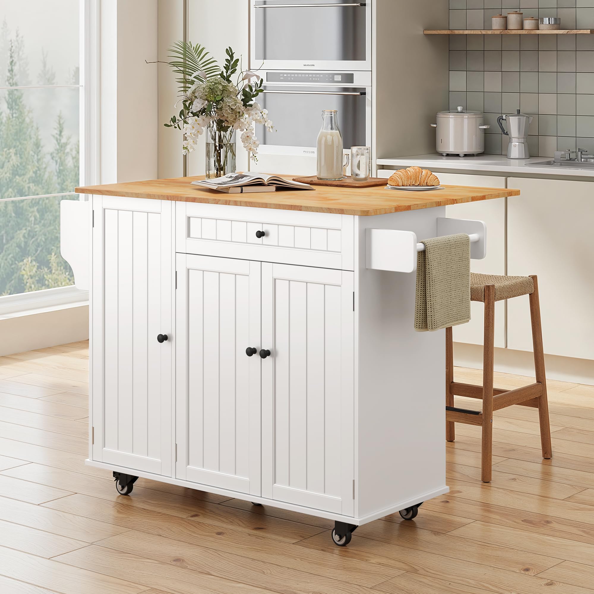 Ahomly Kitchen Island with Storage - White Drop Leaf Table with 5 Wheels, Internal Storage Rack, Drawer, Spice Rack & Towel Bar - Perfect for Small Kitchens, Dining Prep & Extra Counter Space