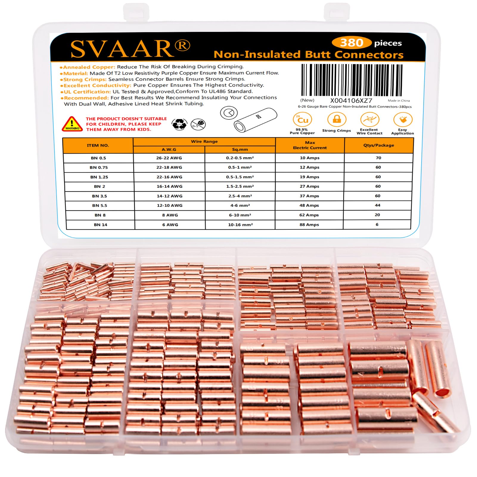 380PCS Pure Copper Non-Insulated Butt Connector Kit - 26-6 Gauge Wire Crimp Terminals for Automotive, Marine & Electrical Wiring Projects | High Conductivity Bare Splice Connectors for Reliable Wire Connections