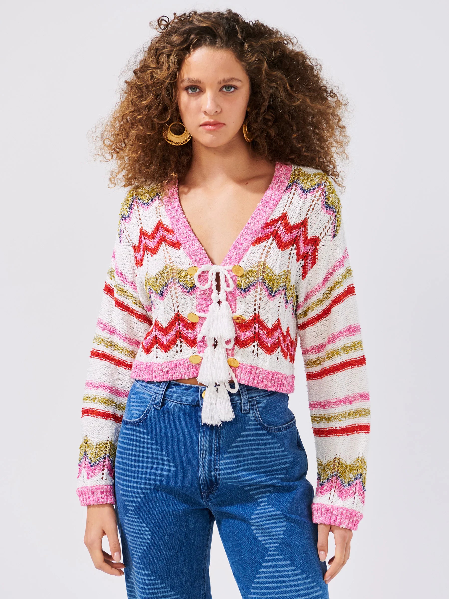 Boucle Cardigan Women's Cozy Knit Sweater Zig Zag White - Perfect for Casual Outfits, Office Wear & Fall Layering