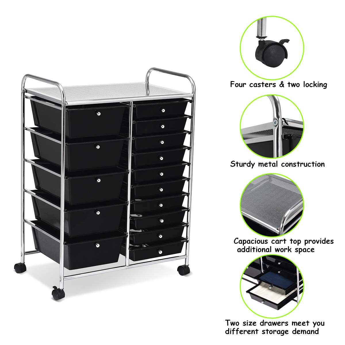 Giantex 15-Drawer Rolling Storage Cart - Mobile Organizer for Tools, Scrapbook Paper, Office & School Supplies - Black | Perfect for Craft Rooms, Workshops & Classroom Organization