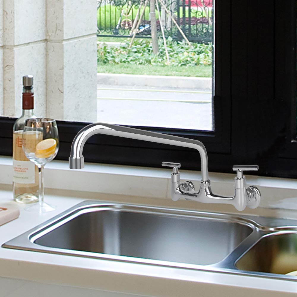 XIUBE 14-Inch Swivel Spout Wall Mount Commercial Kitchen Sink Faucet - 8-Inch Centerset, 2-Handle Chrome Finish for Restaurant & Prep Sink - Ideal for Backsplash Mount & Compartment Kitchens