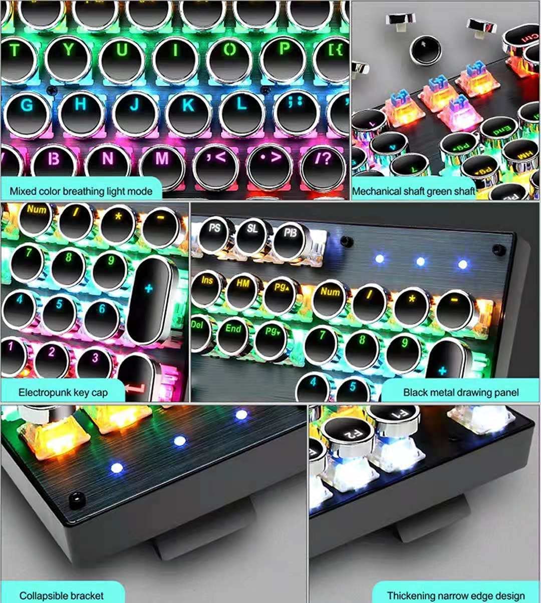 Hisxus Retro Punk Mechanical Gaming Keyboard - 104 Keys with Blue Switches, 9 RGB Backlight Modes & Round Keycaps - Compatible with Windows/Mac/PC - Perfect for Typing, Gaming & Office Work