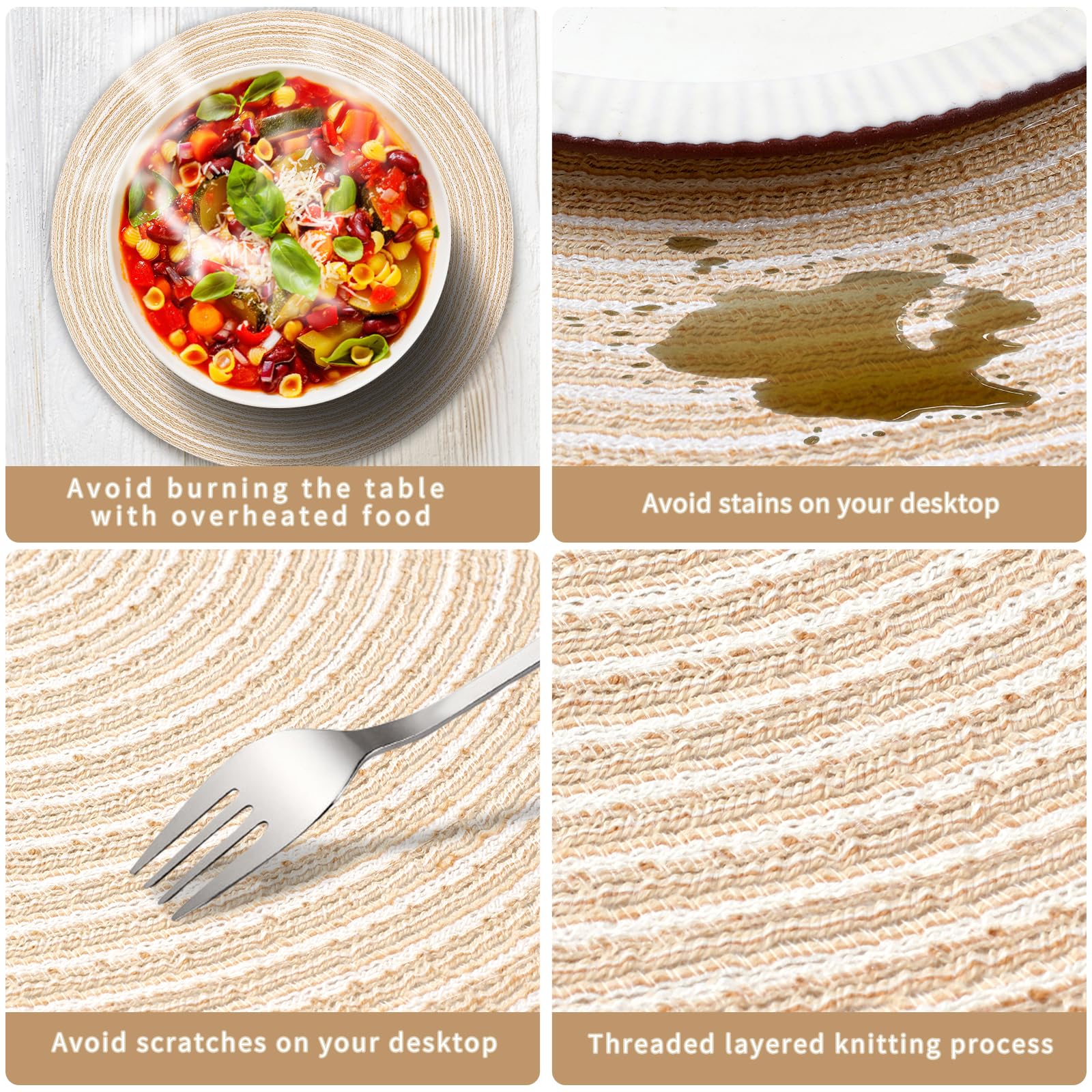 PECULA Round Braided Placemats Set of 4 - 15 Inch Non-Slip Heat Resistant Woven Table Mats for Kitchen & Dining Room Decor | Perfect for Holiday Dinners, Parties, and Everyday Use