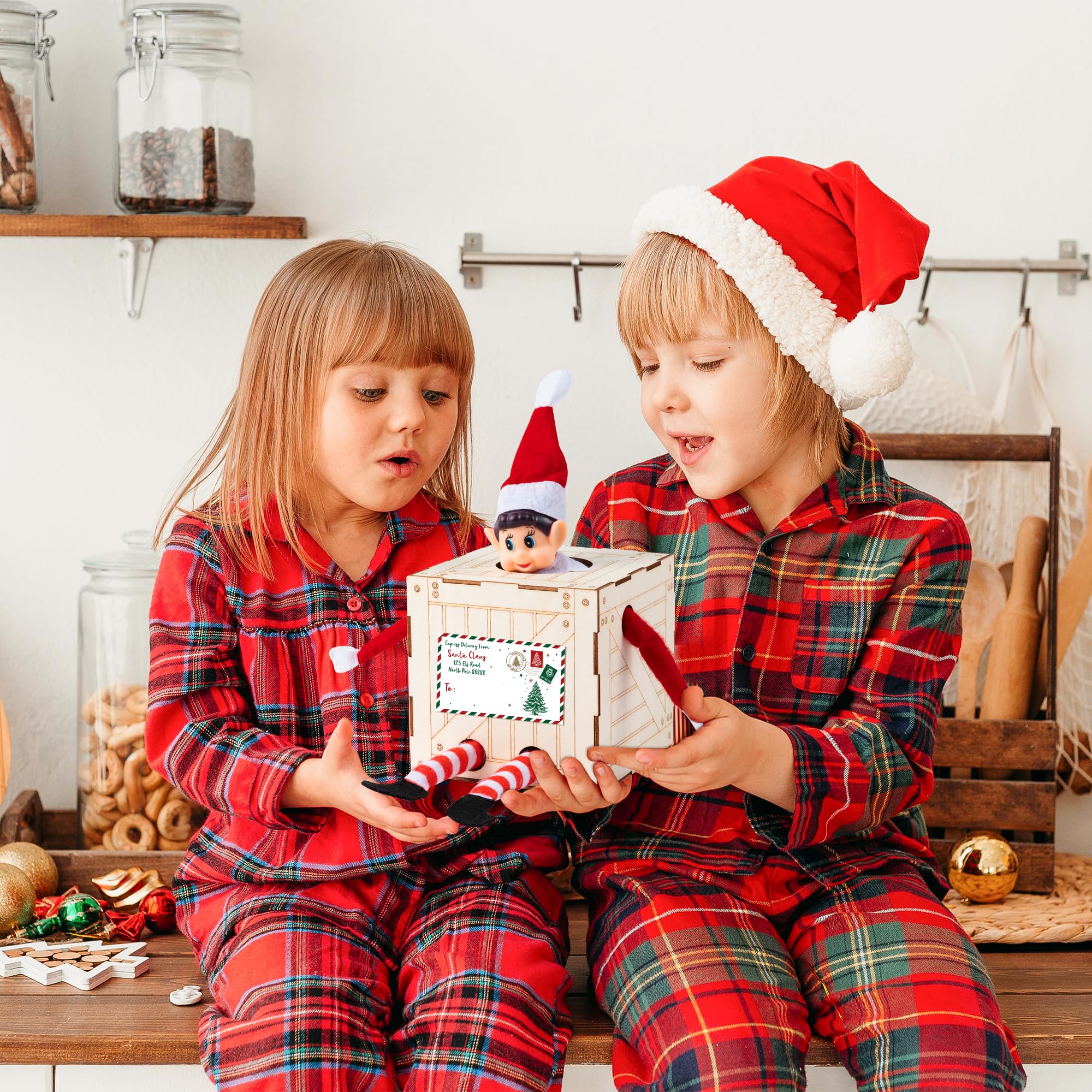 Christmas Elf Crate with Gift Card - Wooden Elf Holder for Kids - Perfect for Santa's Elf Delivery & Holiday Gifts