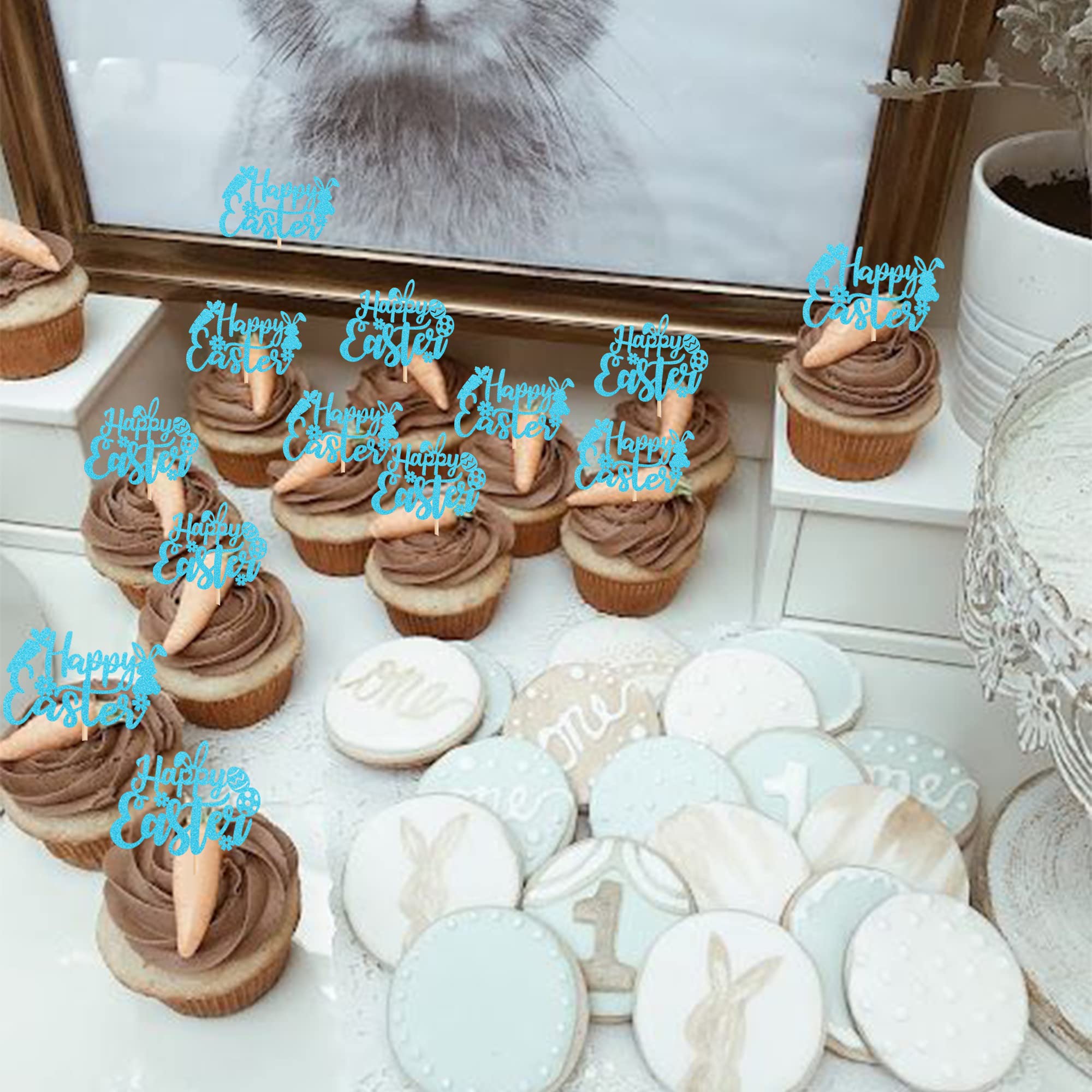 24-Piece Glitter Easter Cupcake Toppers Set - Bunny Rabbit, Carrot & Egg Decorations for Easter Parties, Baby Showers & Kids Birthday Cakes - Blue (Perfect for Easter Dessert Decor, Holiday Baking & Spring Celebration Treats)