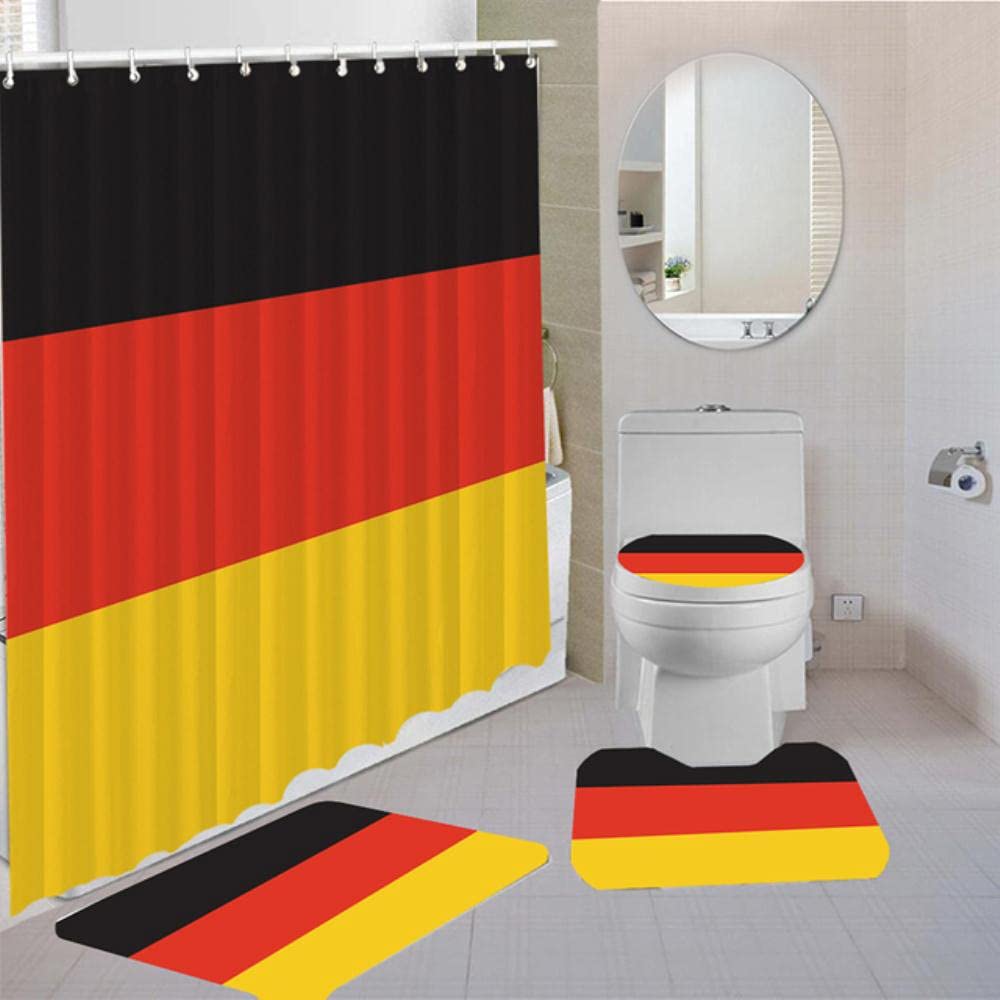 4-Piece German Flag Bathroom Set - 3D Printed Shower Curtain, Non-Slip Rug, Toilet Lid Cover & Bath Mat | Complete Bathroom Decor for Home, Apartment, Dorm | Perfect for Themed Bathrooms, Patriotic Decor & Gift Giving