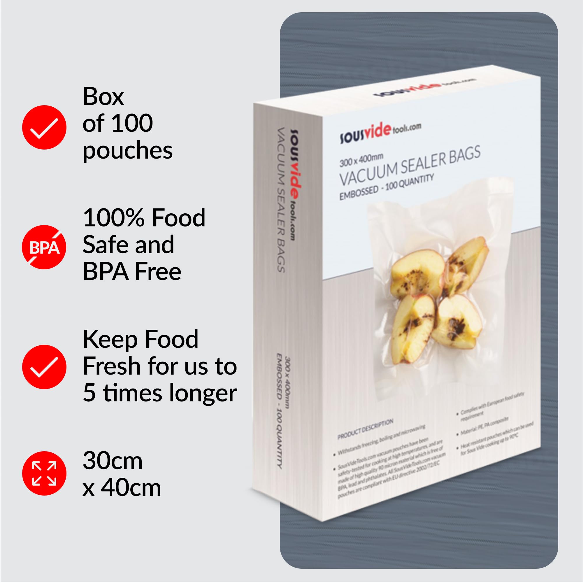Premium Sous Vide Vacuum Sealer Bags - 100 Pack (30cm x 40cm) | Embossed Food Storage Bags for Sous Vide Cooking, Freezing & Microwaving | Ideal for Meal Prep, Sous Vide Steaks & Long-Term Food Preservation | [SVT-06005]