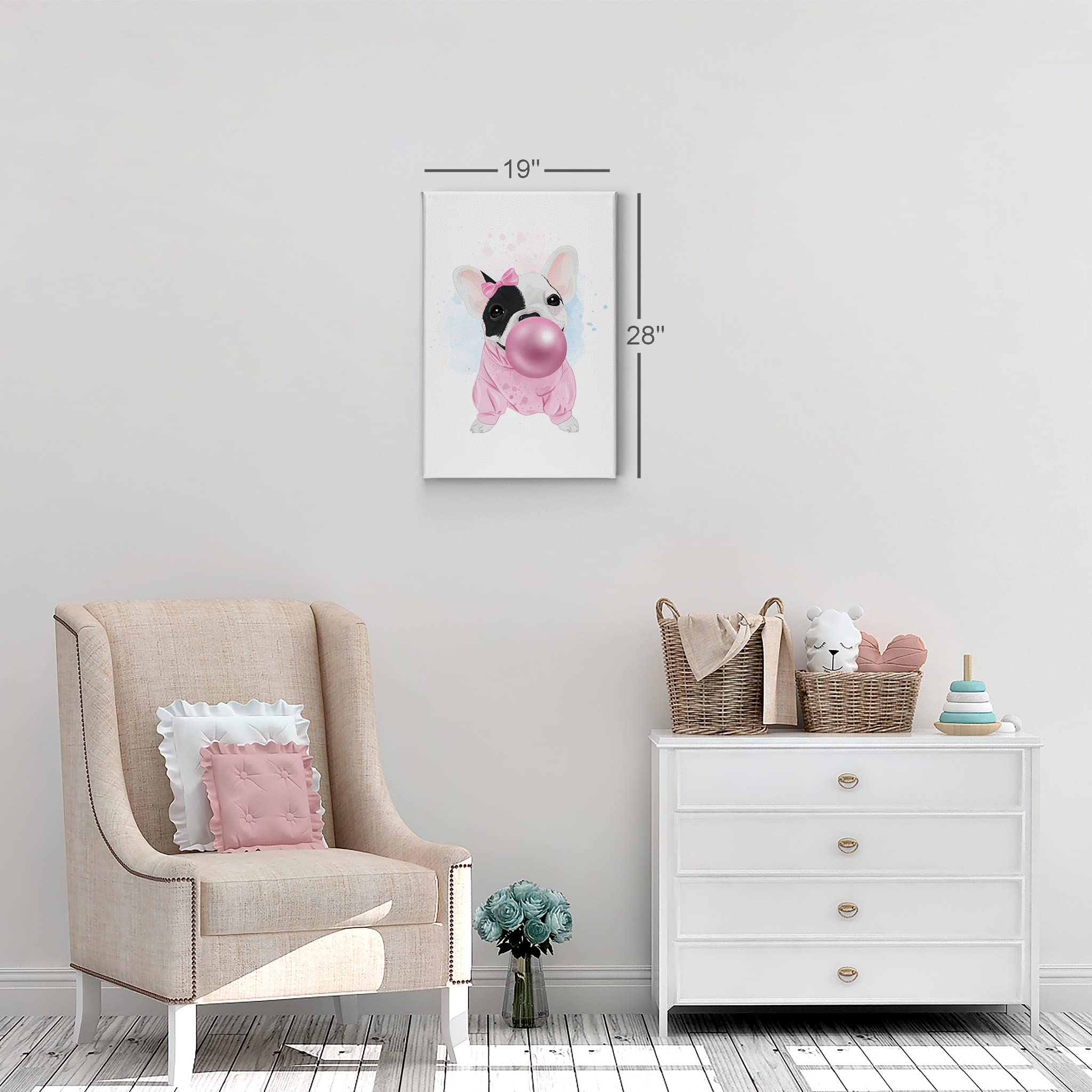 French Bulldog Portrait Canvas Wall Art - Smile Art Design with Ribbon & Bubble Gum, 17x11 Inch Pet Dog Lover Gift for Living Room, Bedroom, Nursery Decor | Perfect for Animal Themed Home & Kids Room Décor
