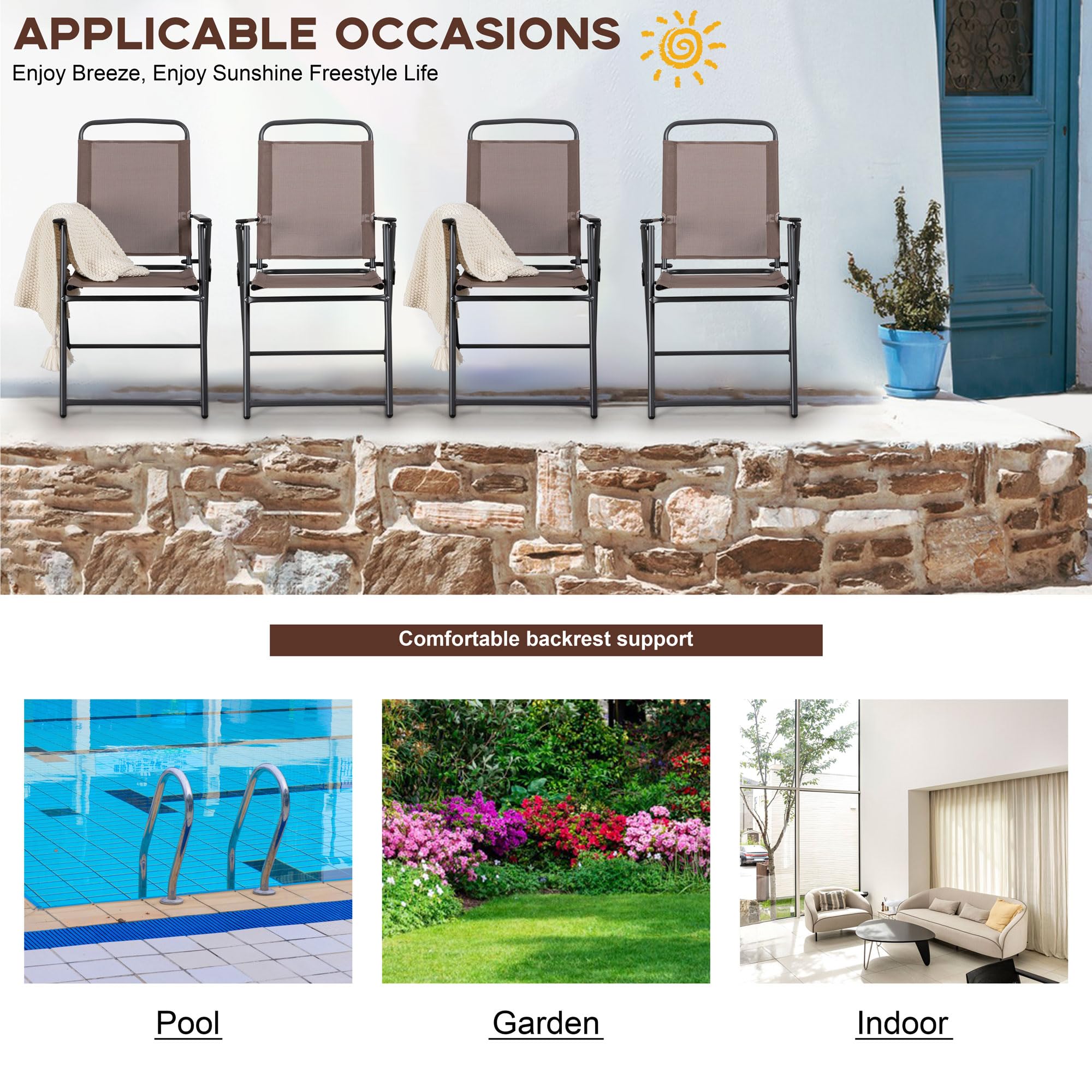 Vongrasig 4-Piece Folding Patio Dining Chair Set - Lightweight Metal Outdoor Sling Chairs for Lawn, Garden, Deck & Backyard (Brown) | Perfect for Outdoor Dining, Poolside Lounging & Small Space Storage