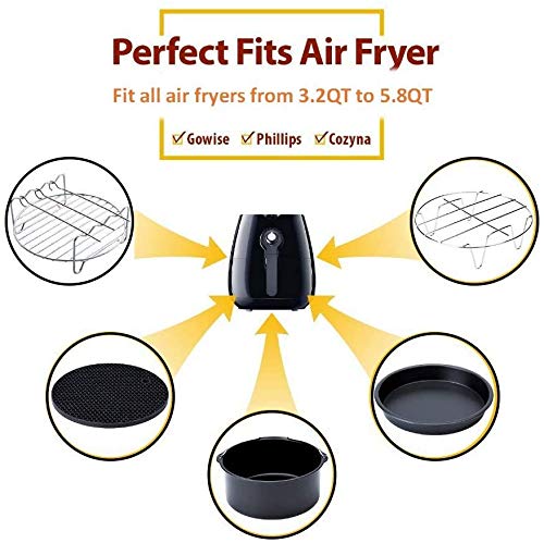Bellagione 7-inch 8-Piece Universal Air Fryer Accessories Set - Includes Cake Barrel, Baking Dish Pan, Grill Rack, Pot Pad & Silicone Mat - Perfect for Baking, Roasting & Frying in Air Fryers