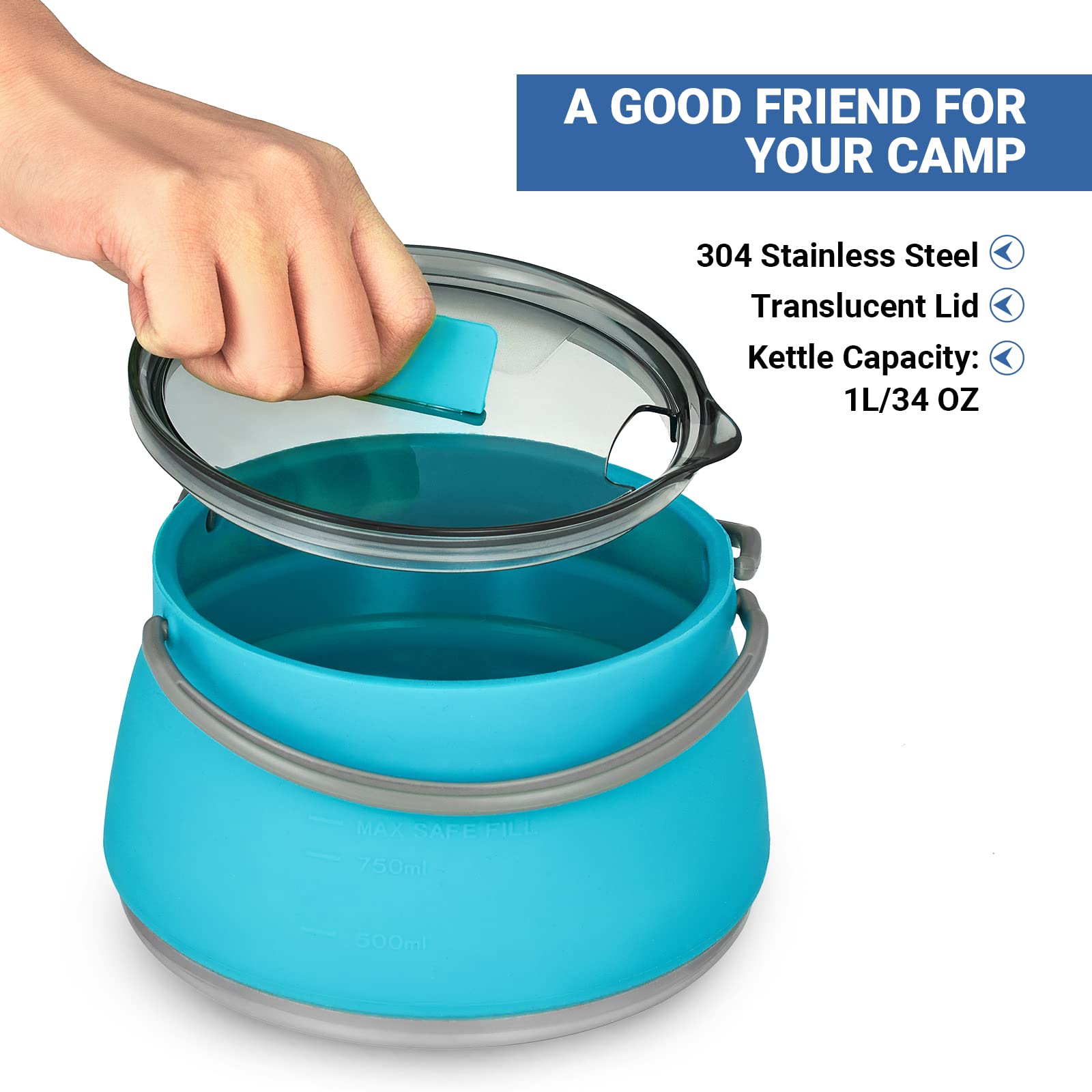 EEZEE Collapsible Camping Kettle - 1L Portable Silicone Travel Kettle with Lid & Blue Bowl - BPA-Free Foldable Water Boiler for Backpacking, Hiking & Outdoor Adventures - Compact Cook Pot for Camping, Picnics & Emergency Preparedness