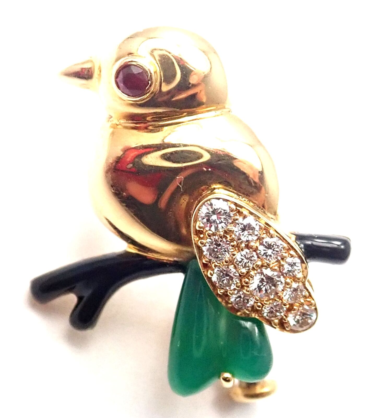 Authentic Cartier 18K Yellow Gold Diamond Onyx Ruby Chalcedony Bird Pin Brooch - Luxury Vintage Jewelry for Women, Perfect for Special Occasions & Gift Giving