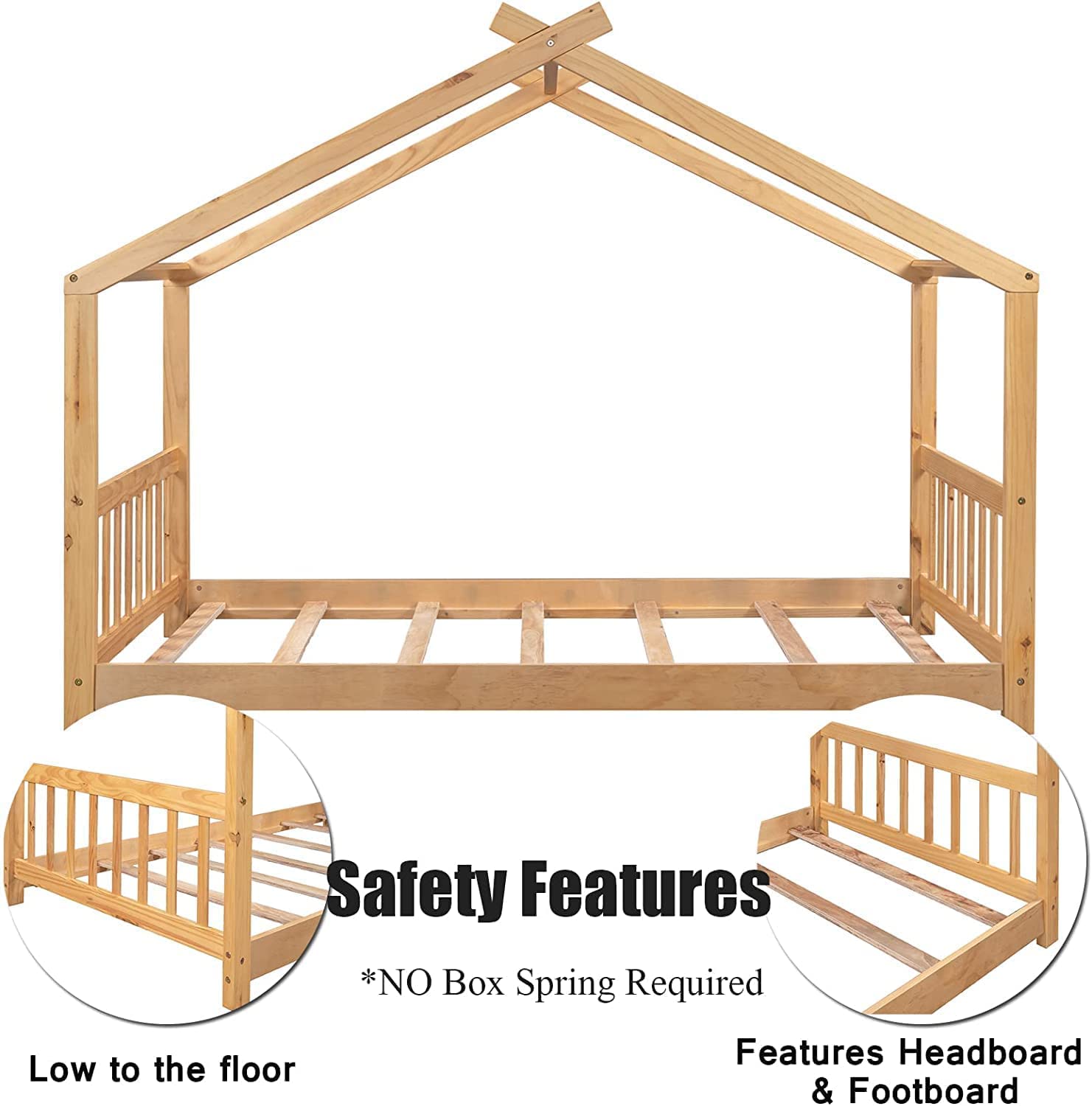 Harper & Bright Designs Twin House Bed for Kids - Wooden Floor Bed Frame with Headboard & Footboard - Montessori Style Toddler Bed for Boys & Girls - Natural Finish - Perfect for Small Rooms & Play Areas