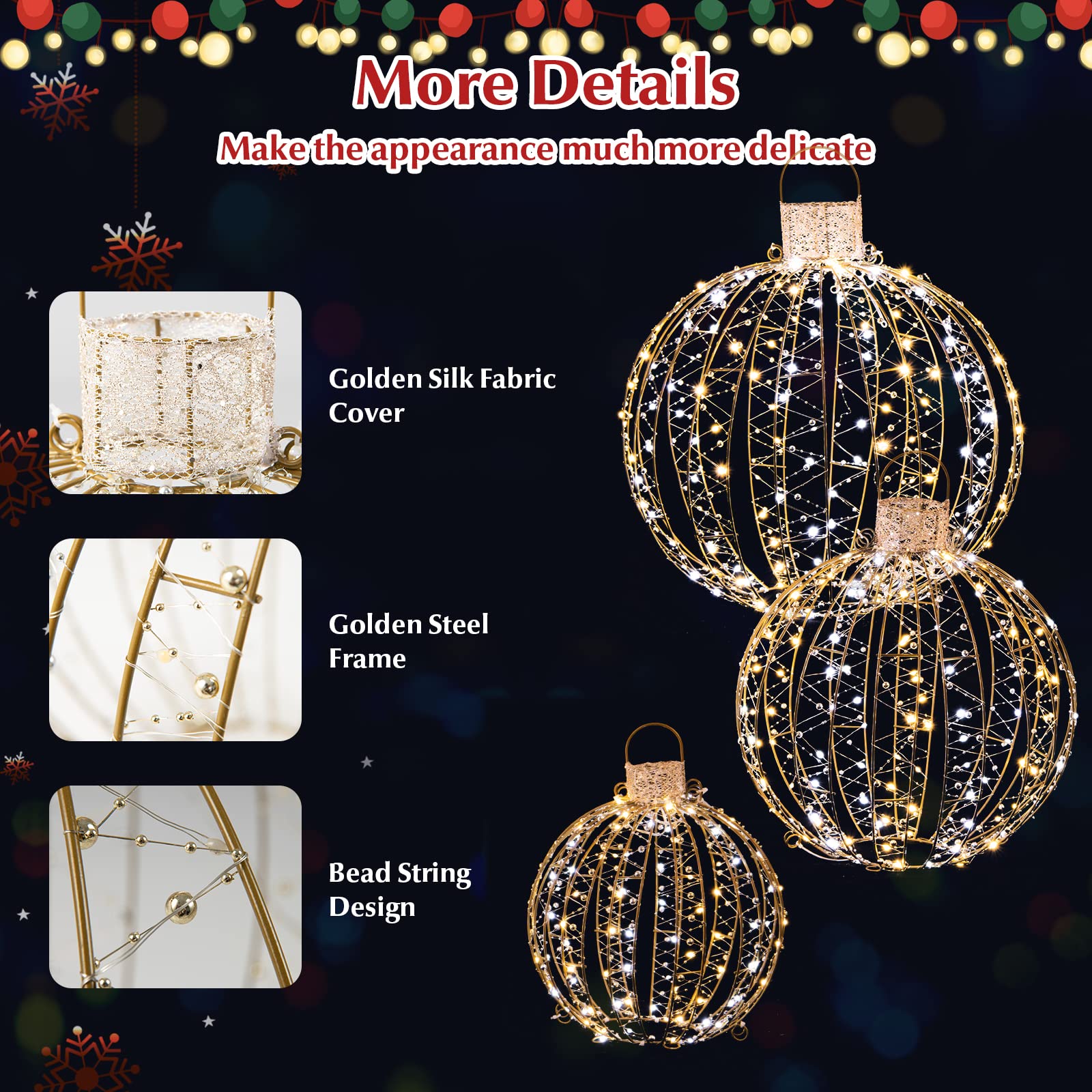 Tangkula Christmas LED Light Balls for Tree (3 Pack) - 360 Warm White & White LED Lights, Indoor/Outdoor Holiday Decorations for Xmas Tree, Yard, Patio, and Party Decor