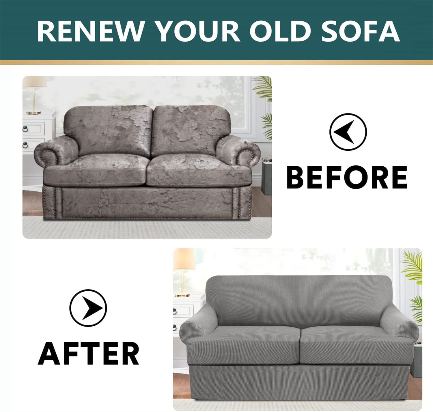 Stretch Sofa Cover 3-Piece Set with 2 T-Cushion Covers - Jacquard Knit Slipcover Furniture Protector for Couches & Sectionals - Light Gray - Perfect for Living Room, Home Decor & Pet Protection