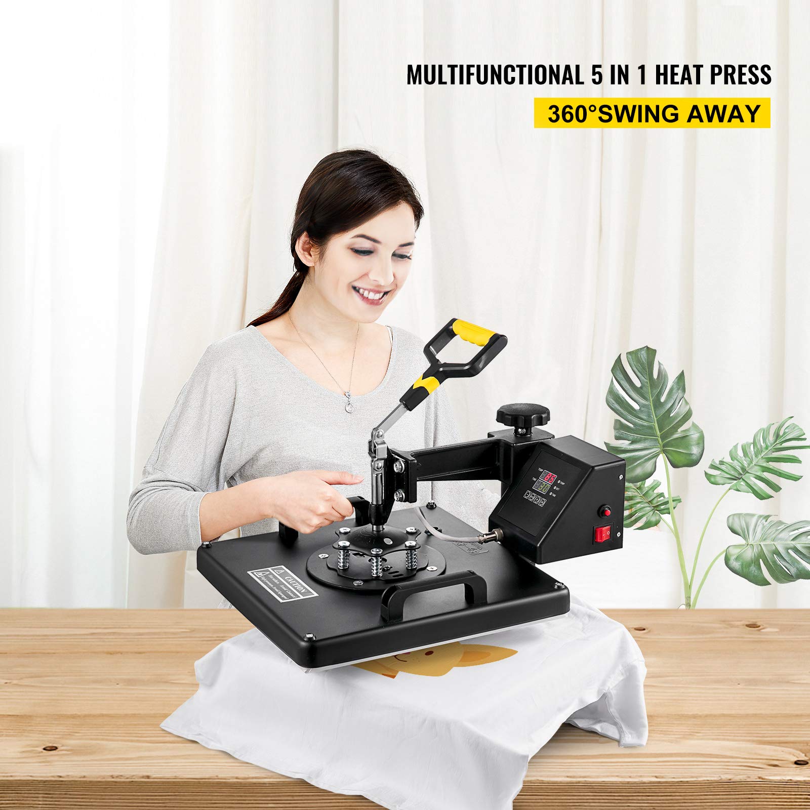Mophorn 15x15 Inch 5-in-1 Heat Press Machine with Swing Away Design - T-Shirt Sublimation Printer, Mug, Hat & Plate Press Accessories - Teflon Coated Plates, ETL & FCC Certified (Black) - Perfect for DIY T-Shirts, Mugs, Hats & Custom Gifts