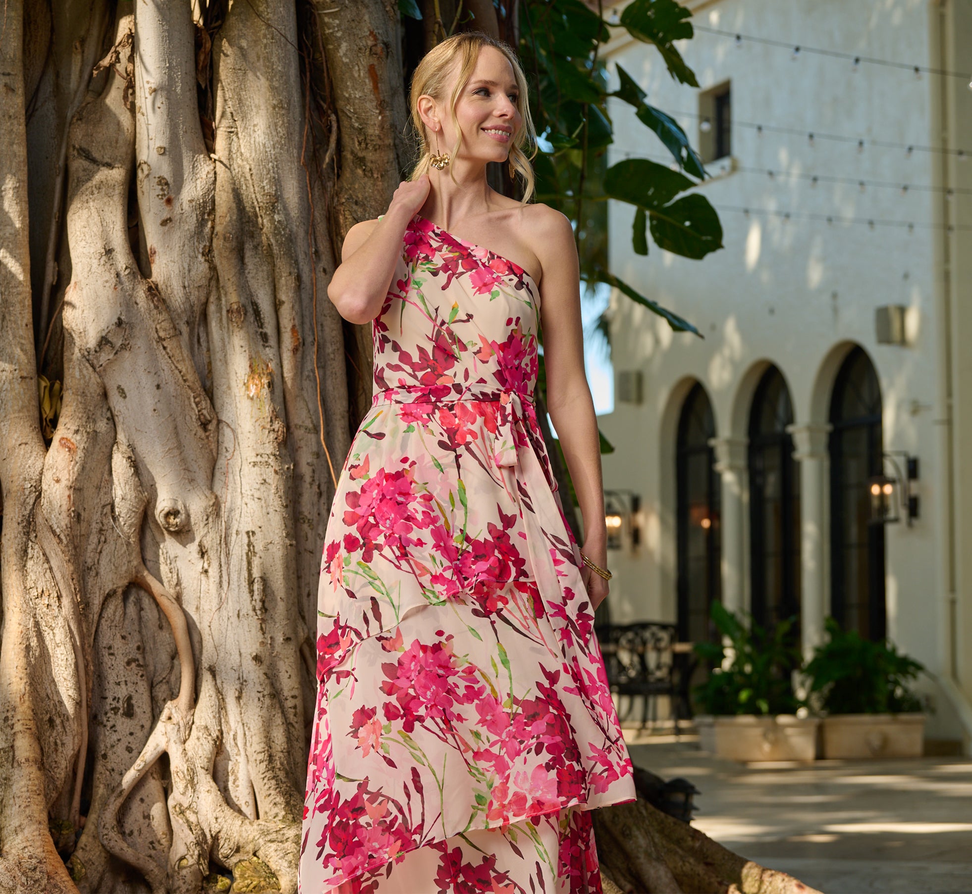 Elegant One Shoulder Floral Chiffon Tiered Gown in Alabaster Multi - Perfect for Weddings, Prom & Evening Parties