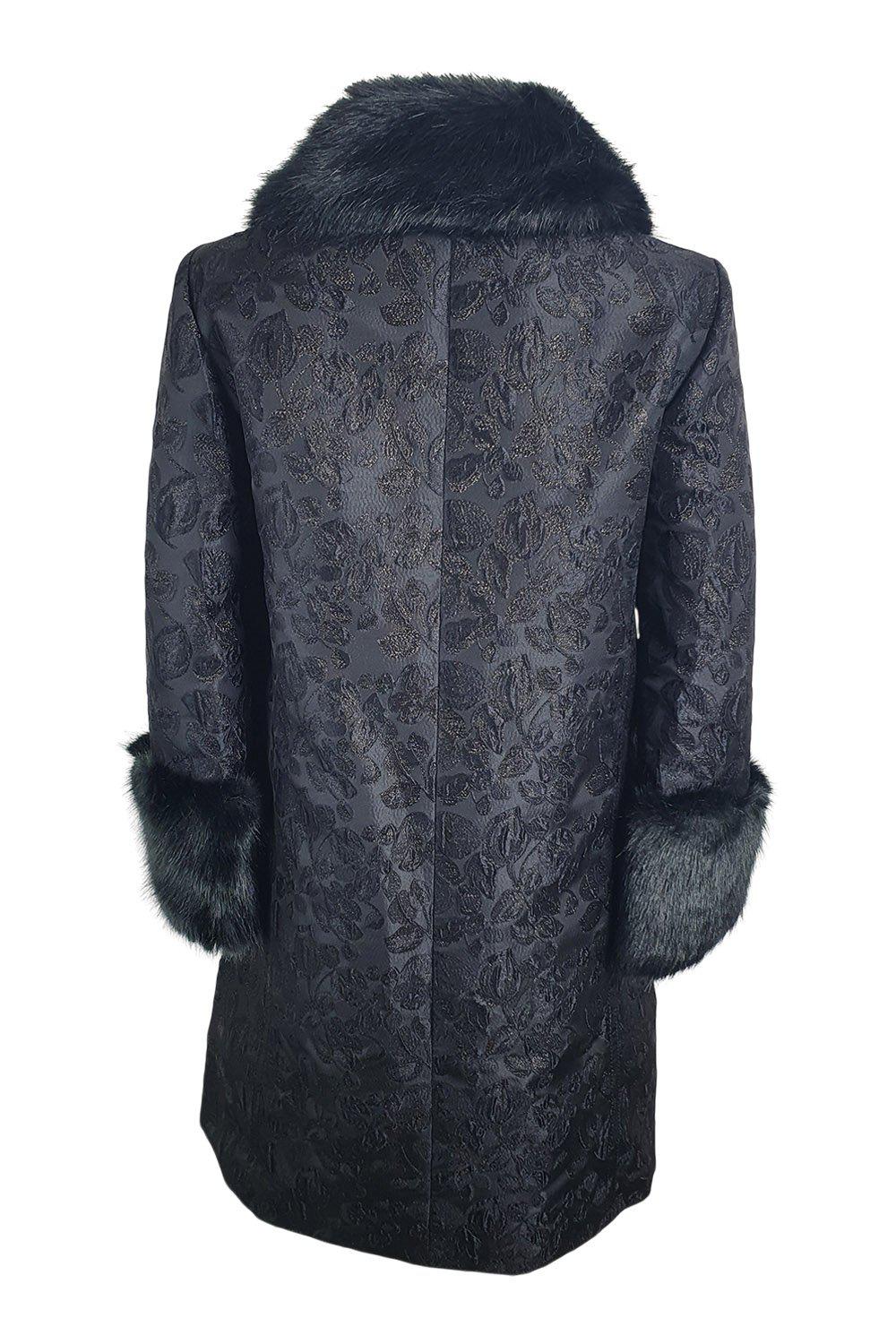 KATE SPADE Black Dashing Beauty Metallic Jacquard Faux Fur Trim Coat - Women's Winter Jacket (US 0 | UK 4) for Holiday Parties & Formal Events