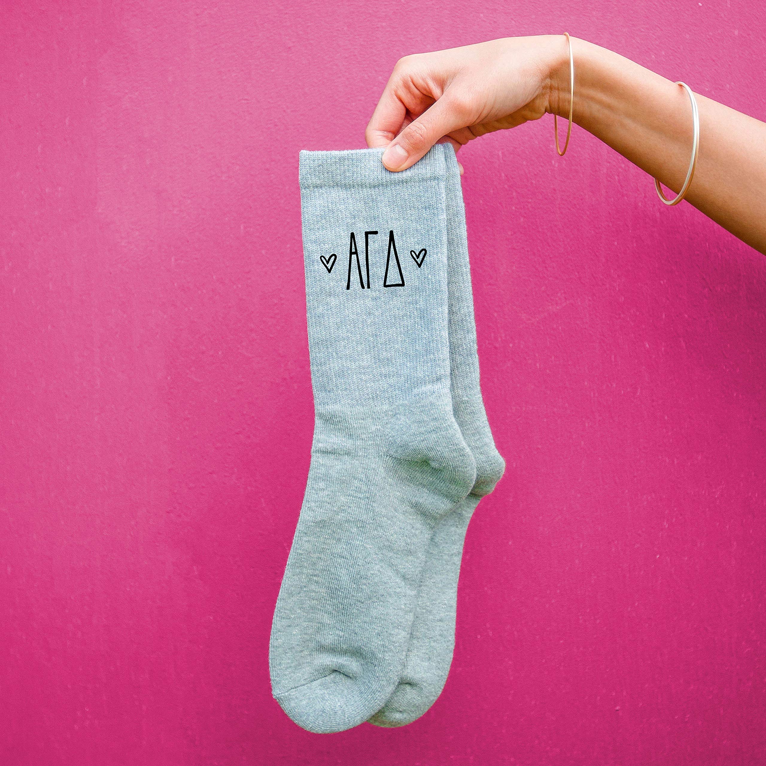 Alpha Gamma Delta Sorority Socks - Greek Letter Crew Socks with Heart Designs in White, Pink & Heather Gray - Perfect for College Sisterhood, Greek Life Events & Sorority Gifts