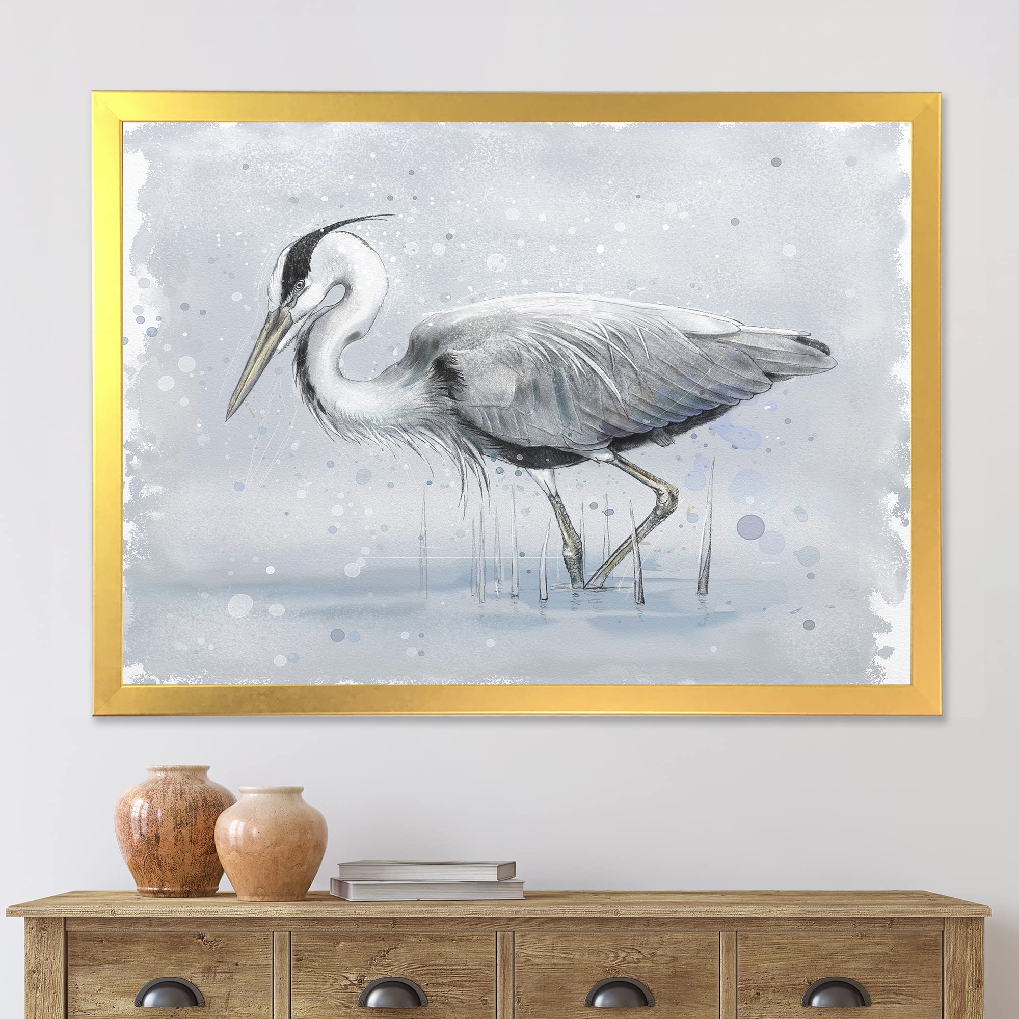 DesignQ Grey Heron Bird Farmhouse Framed Wall Art - Handmade Canvas Painting for Living Room, Bedroom & Office Decor - Nature Inspired Home Wall Decor