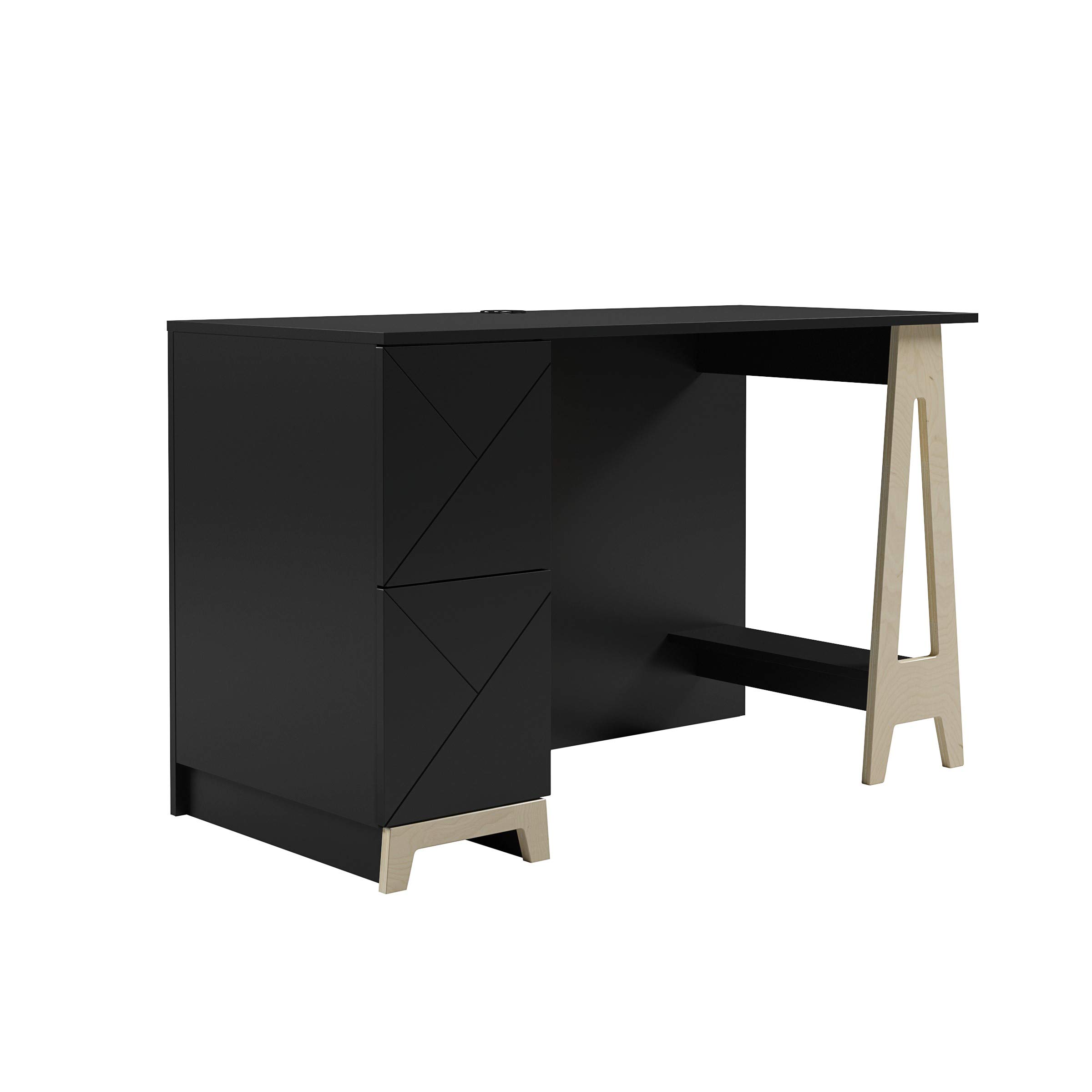 Nexera 608106 Atypik 2-Drawer Birch Plywood Desk in Black & Beige | Modern Home Office Furniture for Small Spaces & Workstations