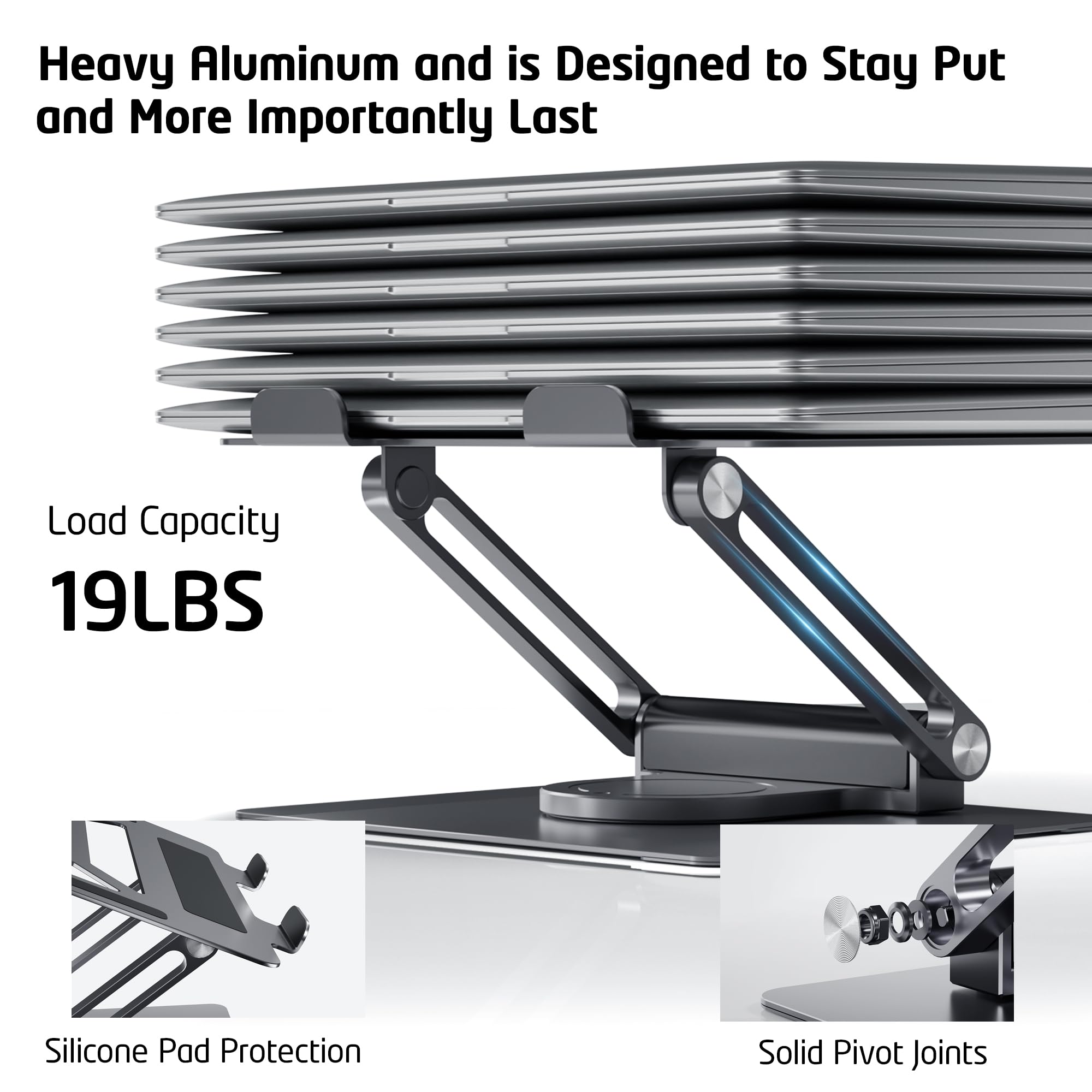 Adjustable Aluminum Laptop Stand with USB-C & USB-A Ports, 360° Rotating Base - Ergonomic Foldable Computer Riser for 7