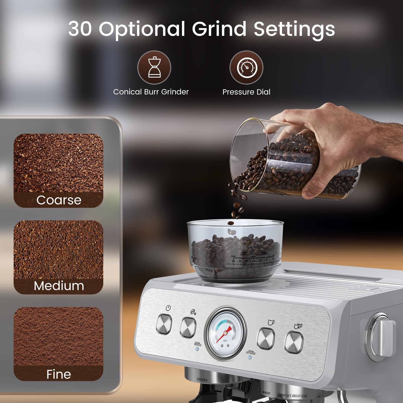 Premium 20 Bar Semi-Automatic Espresso Machine with Built-in Grinder & Milk Frother - Stainless Steel Coffee Maker with Steam Wand & Removable Water Tank - Perfect for Home Baristas to Make Latte, Cappuccino & Macchiato - Ideal for Kitchen, Office & Coffee Shop Use