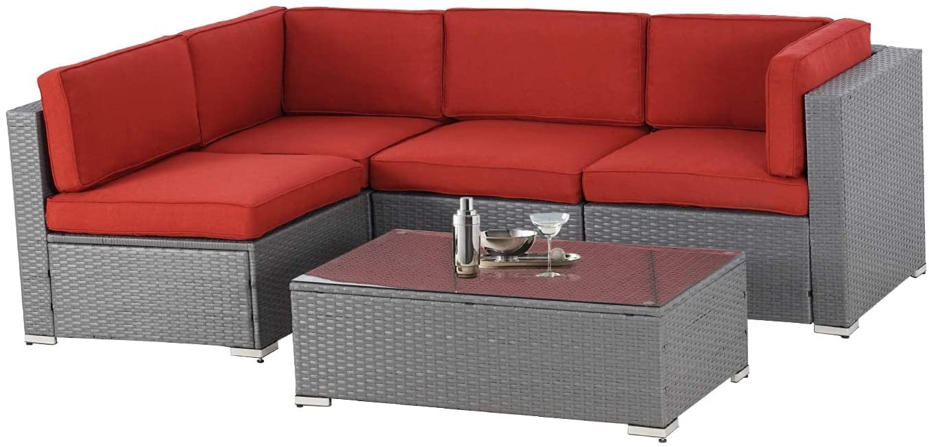 5-Piece All-Weather Outdoor Patio Furniture Set - Grey Wicker Sectional Sofa with Glass Coffee Table & Red Cushions - Perfect for Garden, Poolside, and Backyard Relaxation