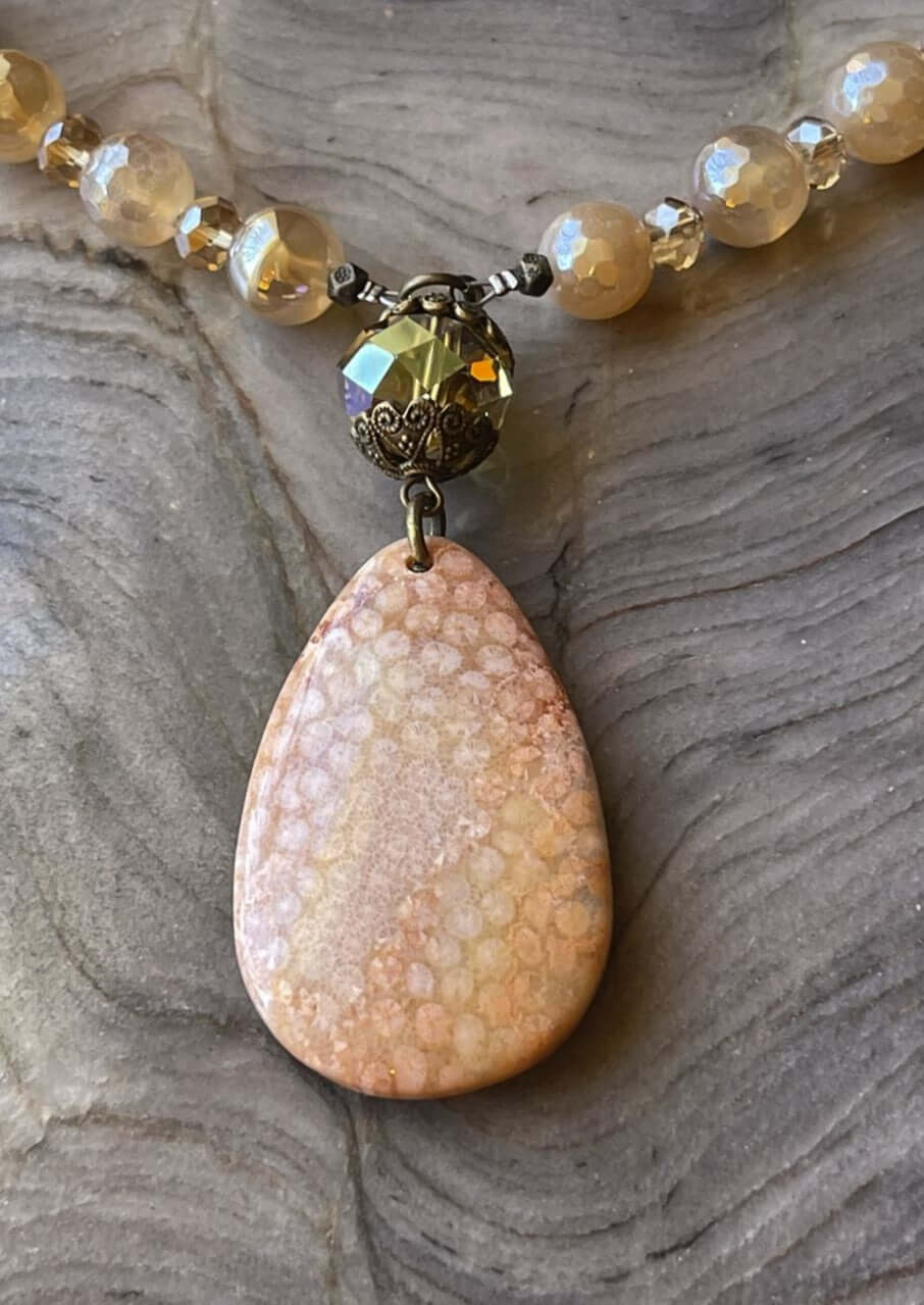 Fossil Imprinted Natural Coral Stone Statement Necklace - Handmade in USA - Elegant Jewelry for Women, Perfect for Weddings, Parties & Special Occasions