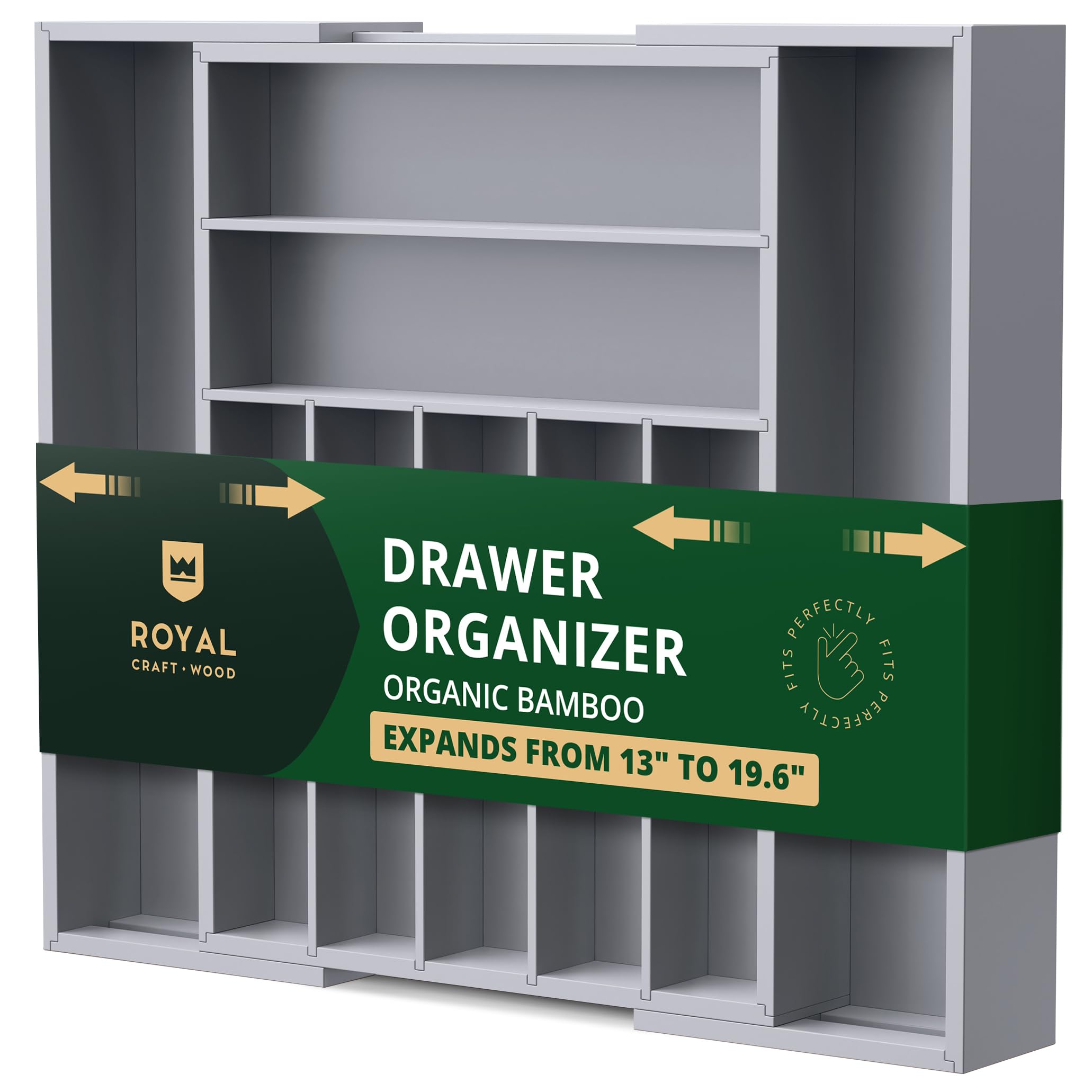 Premium Bamboo Kitchen Drawer Organizer - 9-Slot Silverware & Utensil Holder with Adjustable Dividers for Forks, Spoons, Knives | Cutlery Tray & Flatware Storage Solution | Ideal for Home Kitchen, Restaurant, RV Organization (Eco-Friendly, Gray)