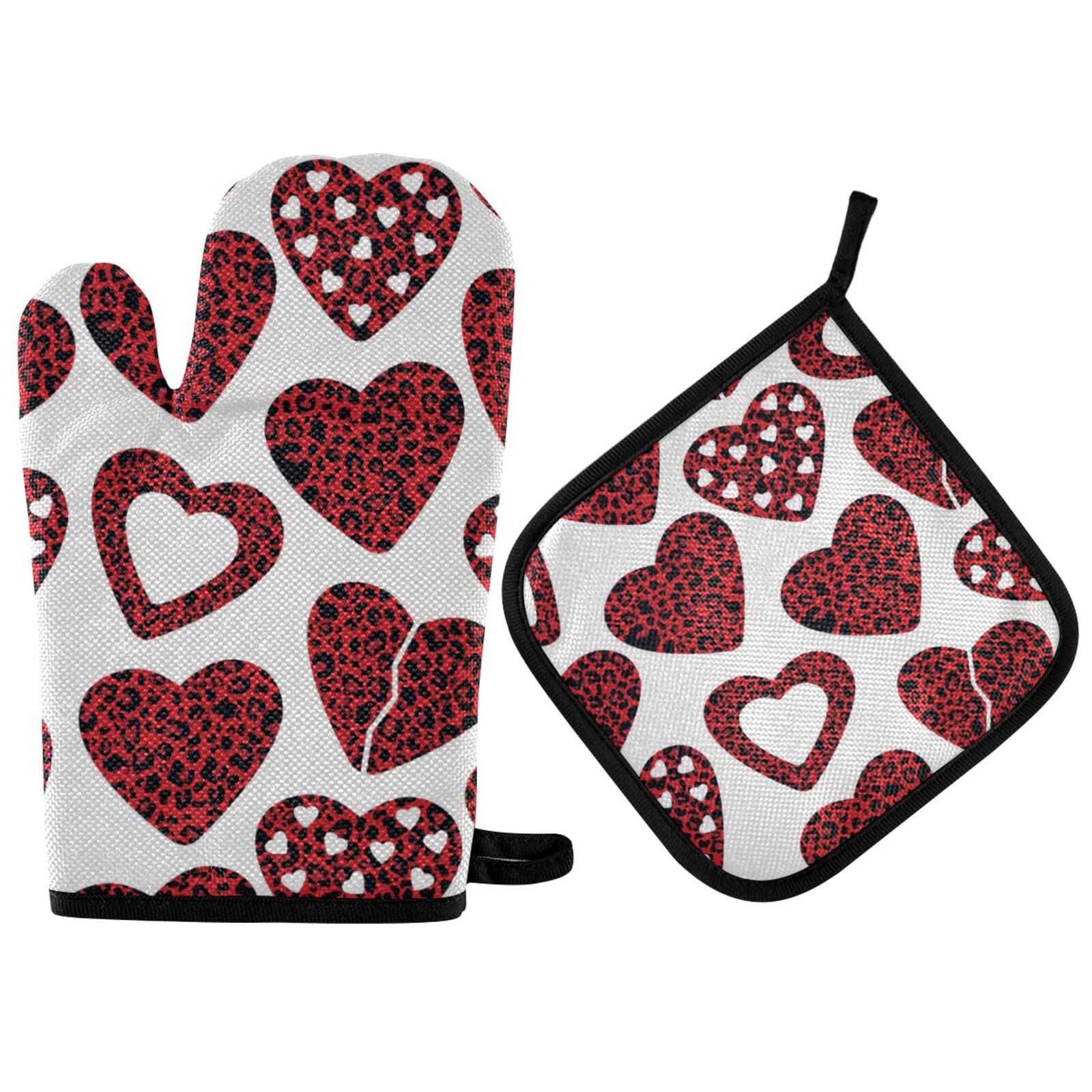 Red Leopard Heart Oven Mitts Set - 2PCS Heat Resistant Kitchen Gloves for Baking, Cooking & BBQ - Valentine's Day & Mother's Day Gift - Perfect for Holiday Decor & Home Kitchen Use
