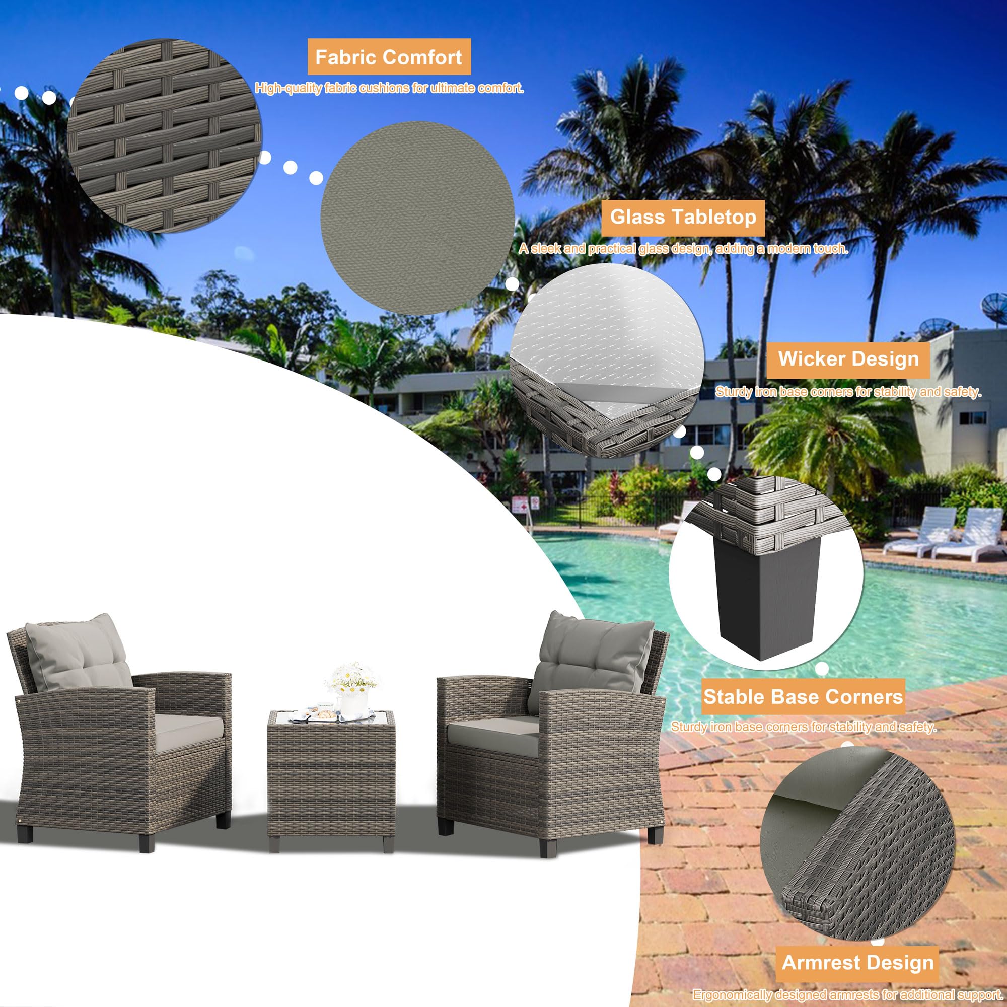 Shintenchi 3-Piece Patio Furniture Set - PE Rattan Wicker Chairs with Table, Outdoor Dining Set for Backyard, Garden, Poolside - Gray Rattan with Gray Cushion | Perfect for Outdoor Entertaining, Relaxing & Dining Al Fresco