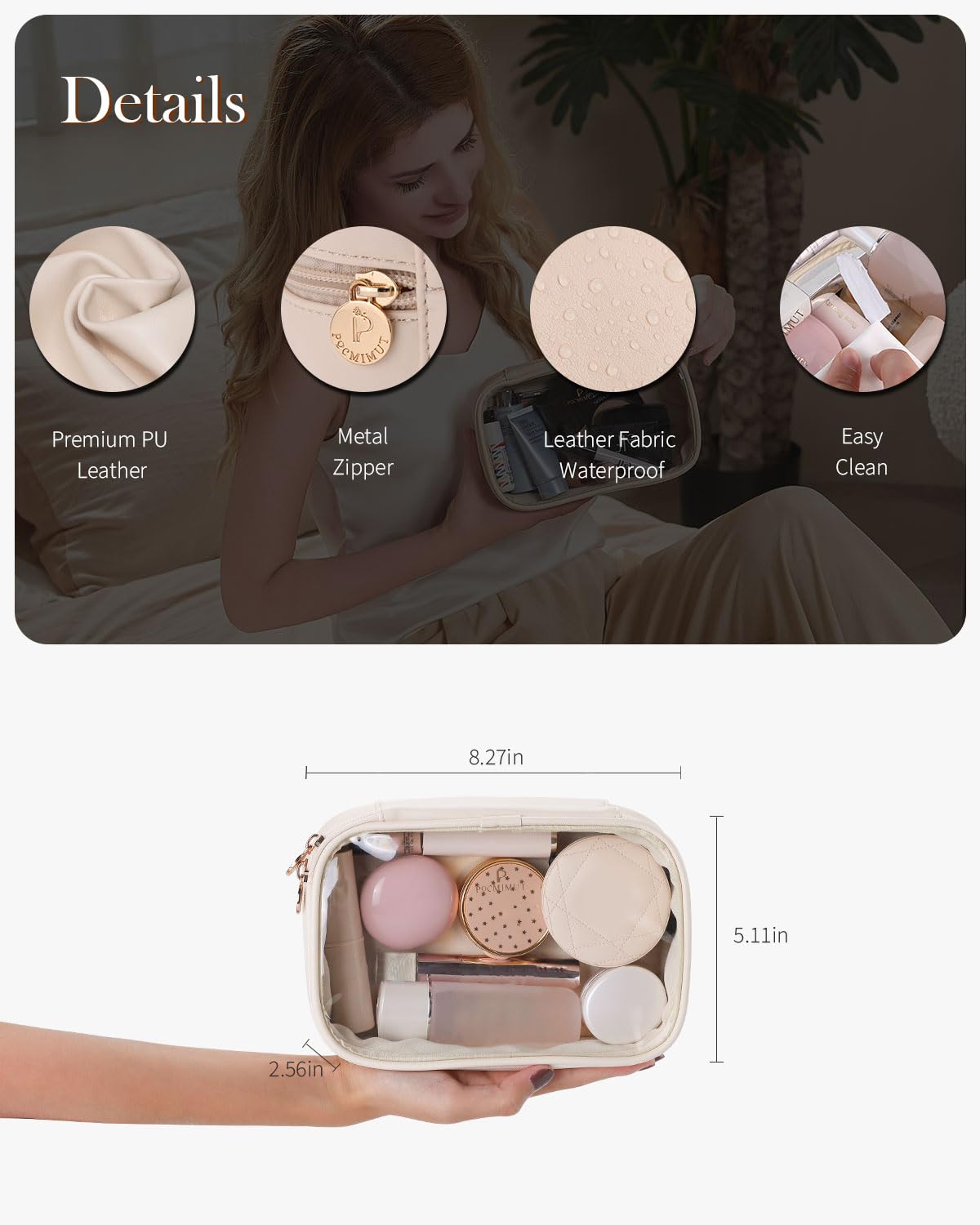Pocmimut Small Clear Makeup Bag for Women - Travel Cosmetic Organizer & Car Accessories Storage | Perfect for Travel Essentials, Daily Use & On-the-Go Beauty Storage (Beige)