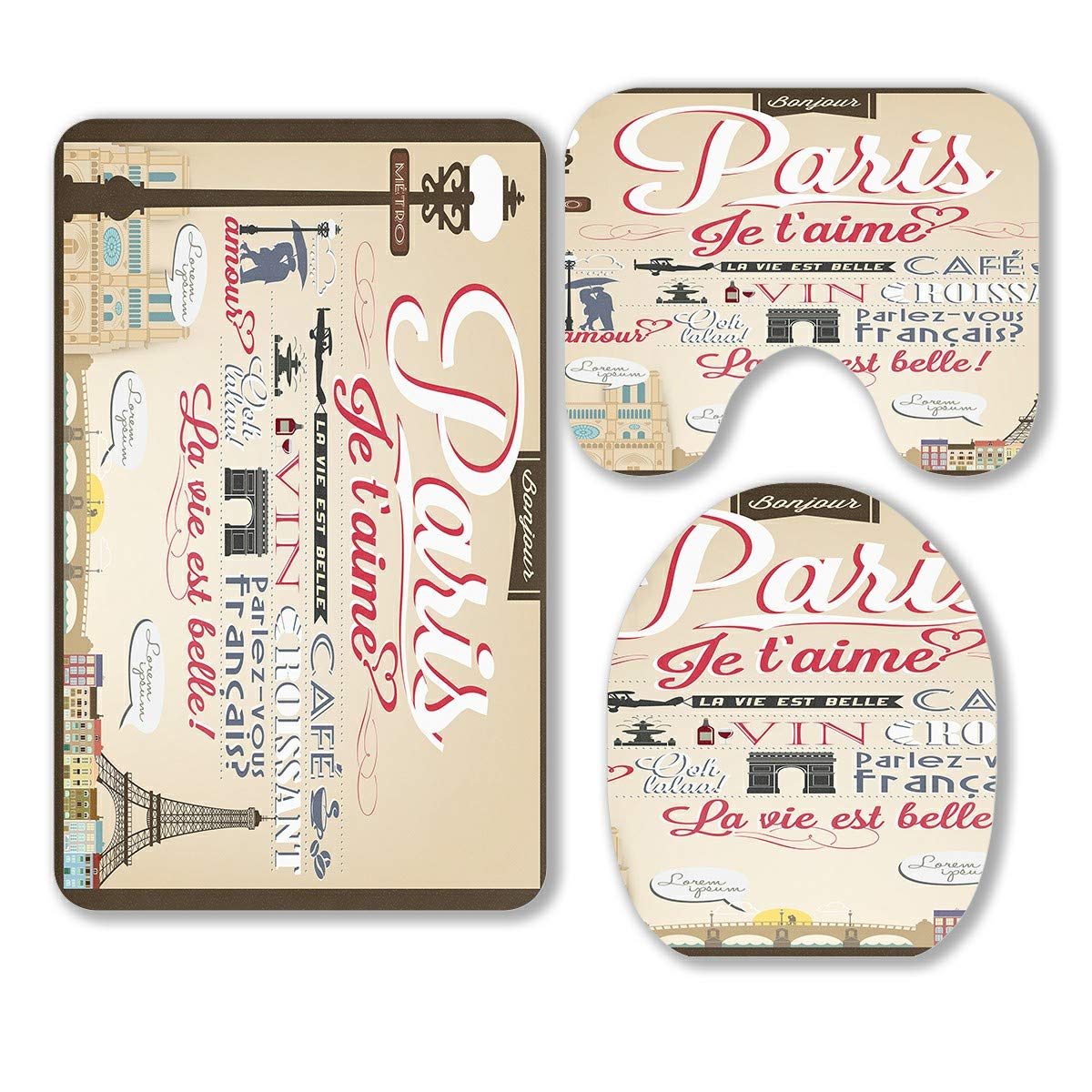 Vintage Paris Landmarks 3-Piece Bathroom Rug Set - Non-Slip Contour Mat & Toilet Lid Cover - French Themed Decor for Bathroom, Home, Apartment
