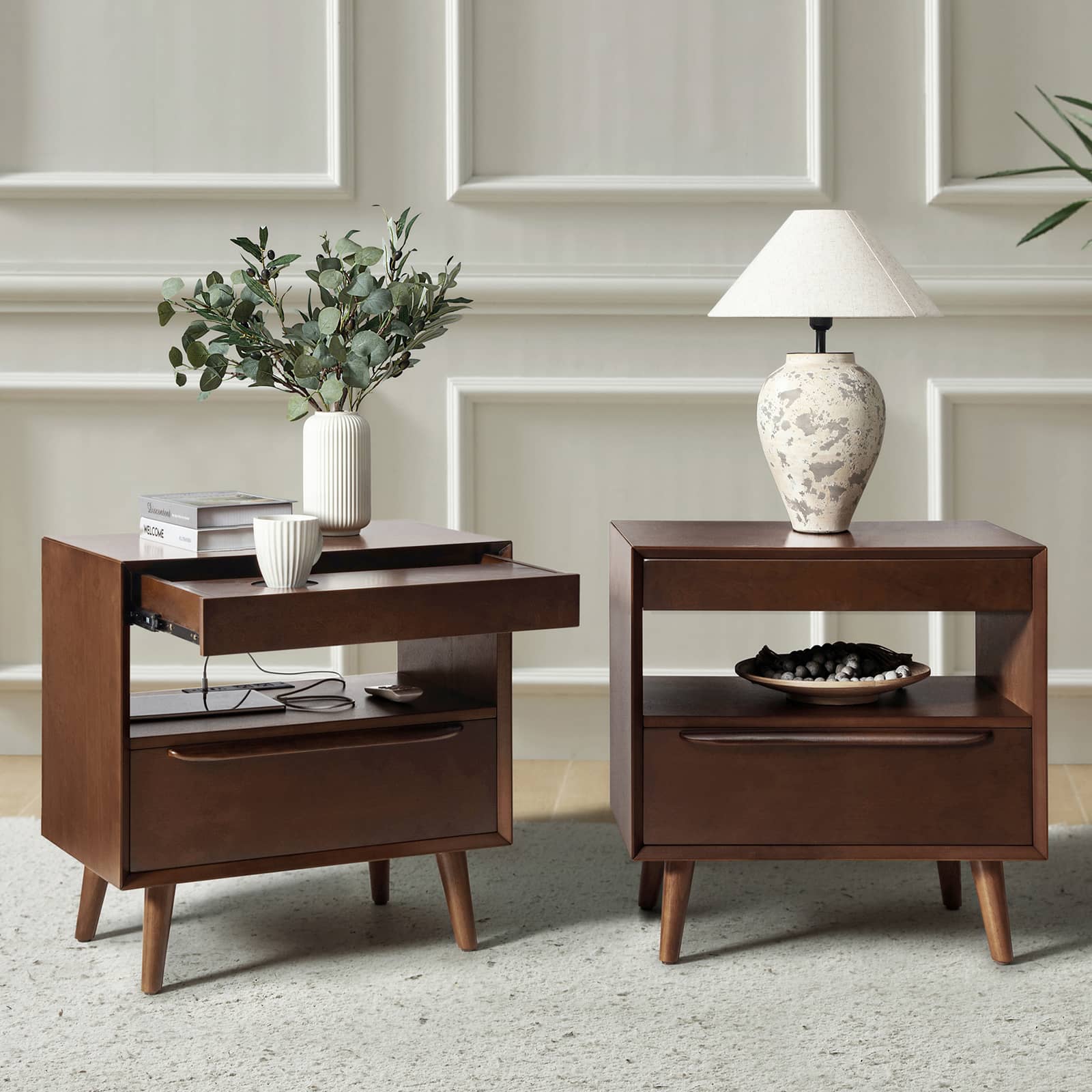 Mid Century Modern Nightstand with 2 Drawers & Built-In Outlets - Giralda Bedside Table for Bedroom, Living Room & Office (Optional Types)