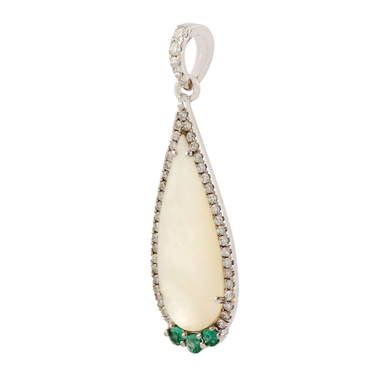 18K White Gold Drop Pearl Prong Emerald Pave Diamond Designer Pendant Necklace - Elegant Jewelry for Weddings, Anniversaries & Special Occasions