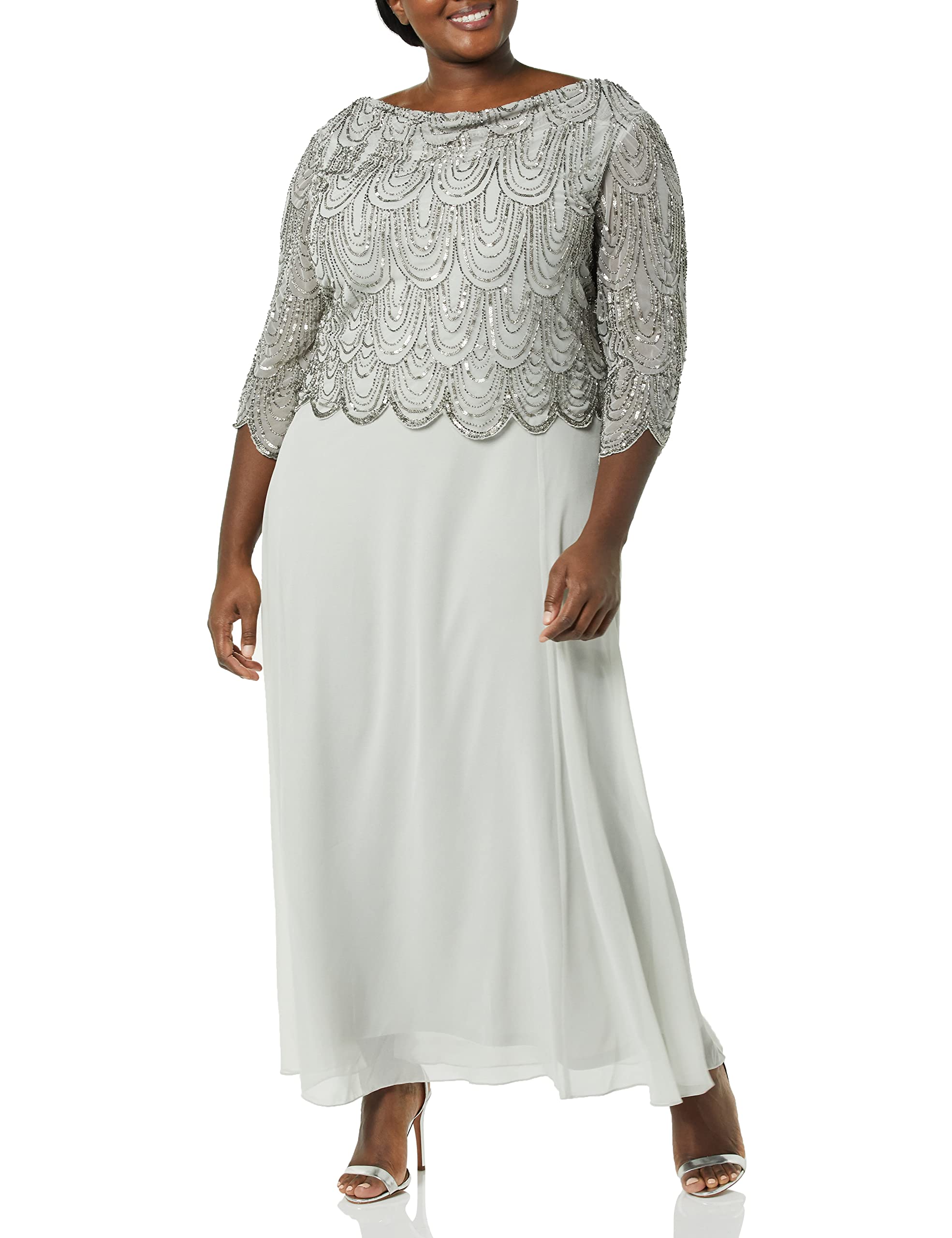 J Kara Women's Cowl Neck 3/4 Sleeve Beaded Pop Over Dress - Elegant Party & Cocktail Attire for Weddings, Evening Events and Special Occasions