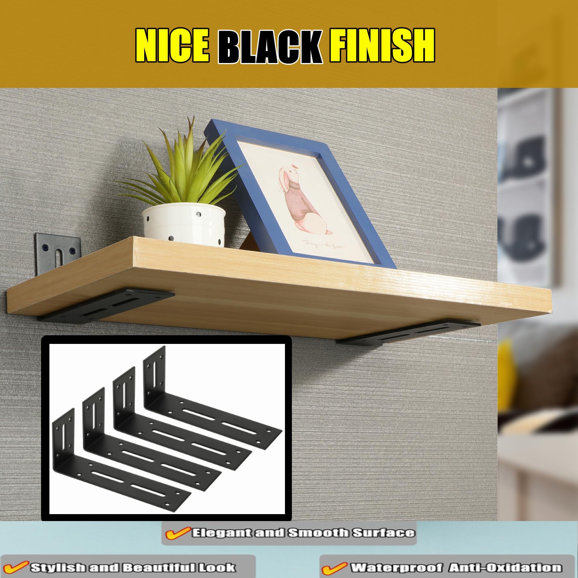 Heavy Duty Black Floating Shelf Brackets - 120x60mm L-Shaped Wall Mount Corner Braces for Wooden Shelves (Pack of 4) - Perfect for Home Office, Kitchen Storage & Bathroom Organization