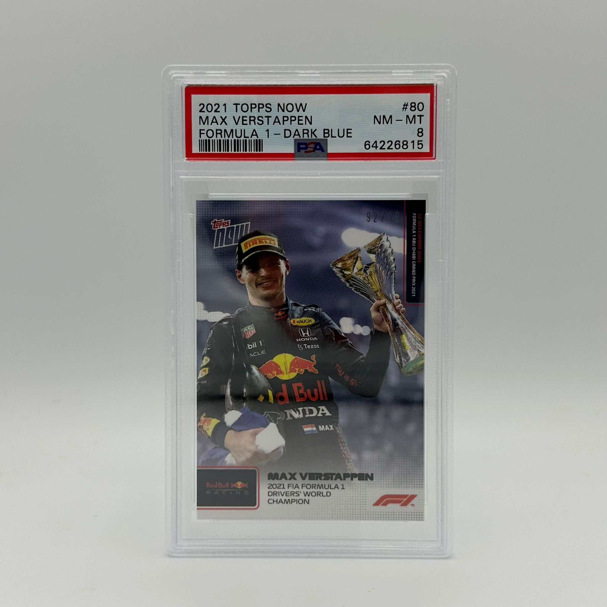 PSA 8 Graded 2021 Max Verstappen F1 World Champion Card #80/99 - Rare Collectible for Formula 1 Fans & Sports Memorabilia Enthusiasts