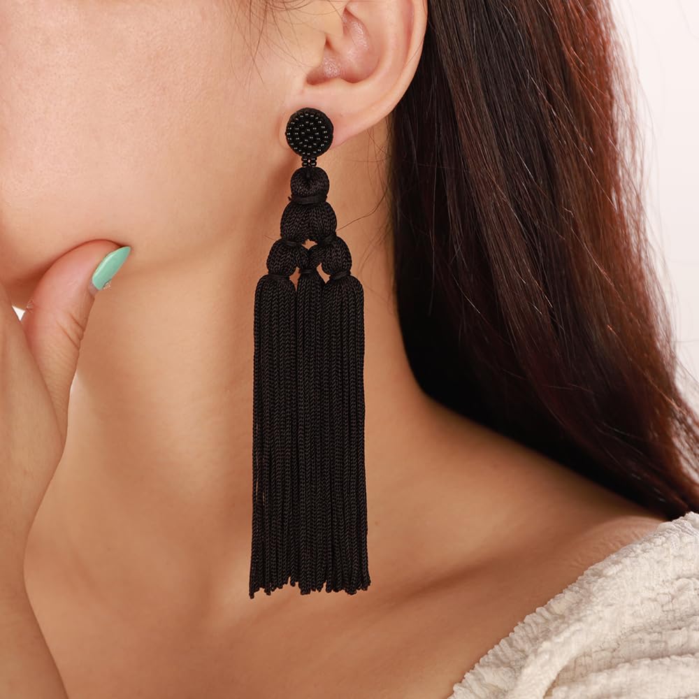 Denifery Boho Large Extra Long Tassel Layered Dangle Earrings - Vintage Handmade Knot Fringe Chandelier Statement Drop Earrings for Women (Black) | Perfect for Summer, Beach, Parties, and Boho Fashion Outfits