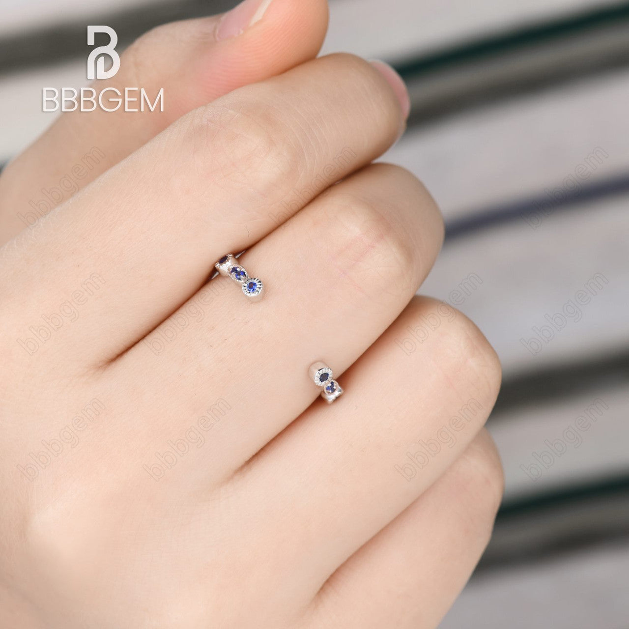 14K White Gold Natural Sapphire Open Gap Wedding Band - Marquise and Round Cut Sapphire Ring for Women, Perfect for Engagement, Anniversary, and Bridal Jewelry Gifts