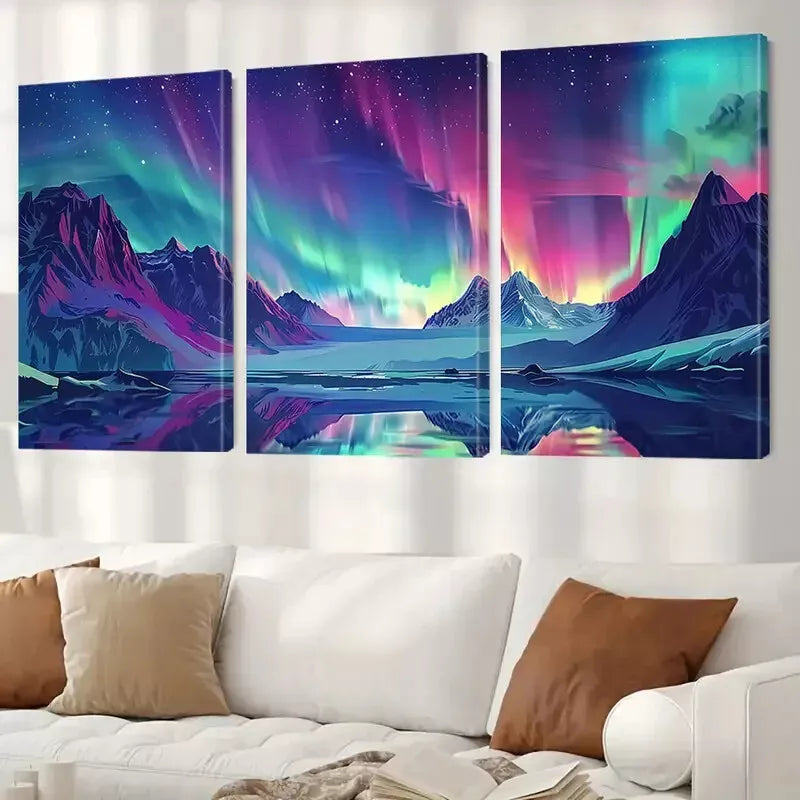 3-Piece Aurora Borealis Icy Mountains Canvas Art Set - Framed Wall Decor 50x70cm - High Quality Print - 100% Australian Made - Ready to Hang - Perfect for Living Room, Bedroom & Office Decor