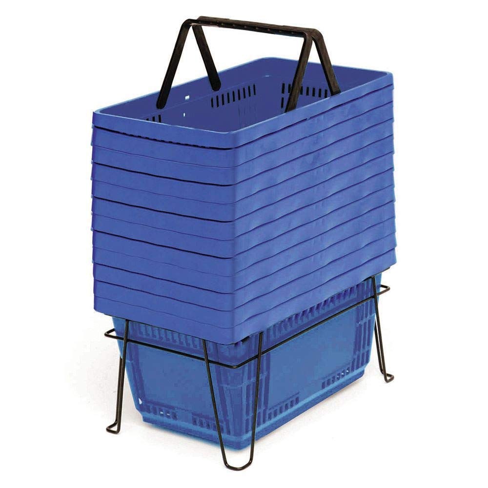Retail Resource 28 Liter (7.4 Gallon) Blue Plastic Grocery Shopping Baskets - Set of 12 with Sturdy Metal Stand (Model 76100) - Perfect for Supermarkets, Retail Stores, Farmers Markets & Warehouse Organization