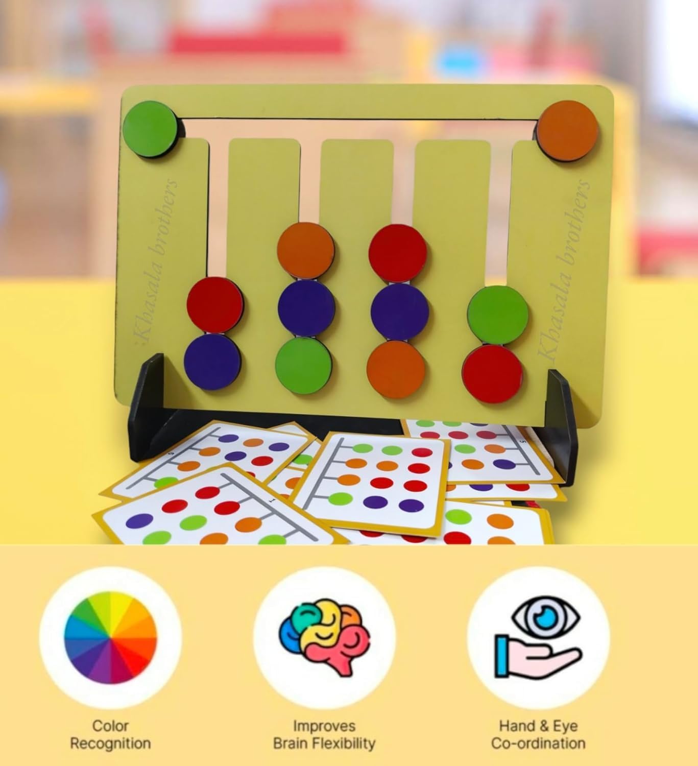 Khasala Brothers® Wooden Slide Puzzle - Color & Pattern Matching Brain Teaser, Montessori Learning Toy, Logic Game for Kids - Perfect for Preschool Education & Family Game Night
