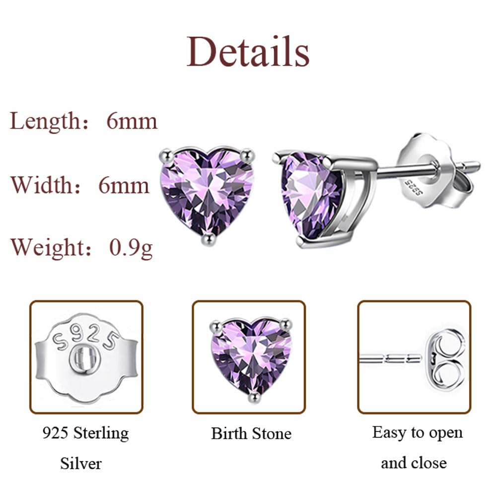 925 Sterling Silver Heart Stud Earrings for Women - Hypoallergenic 6mm Tiny Cartilage Earrings with Zirconia & Birthstone | Perfect Birthday Gift, Everyday Wear & Special Occasions