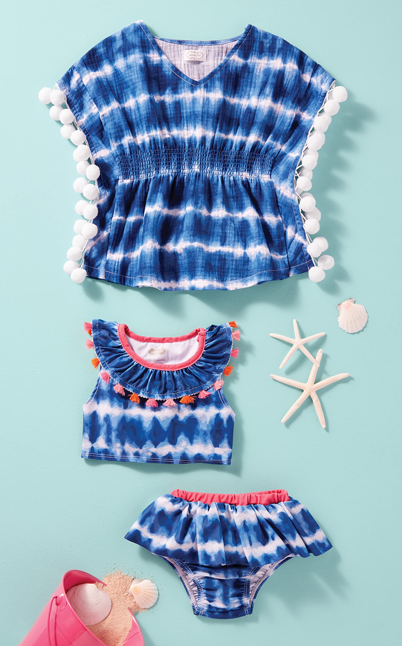 Mud Pie Girls' Tie Dye Tassel Swimsuit - Stylish One-Piece Bathing Suit for Kids, Beach & Pool Party Wear, Summer Swimwear for Girls