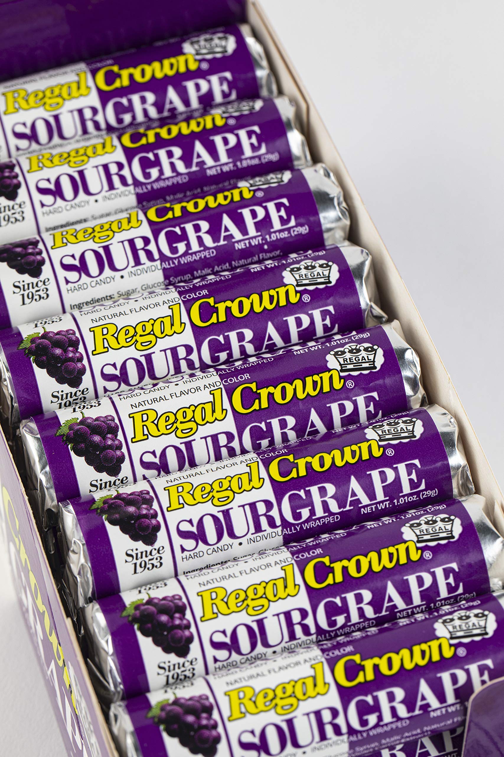 Regal Crown Sour Grape Candy Rolls 24 Count - Tart & Tangy Hard Candy for Parties, Halloween Treats & Office Snacks - Classic Old Fashioned Sour Grape Flavor by Iconic Candy Brand