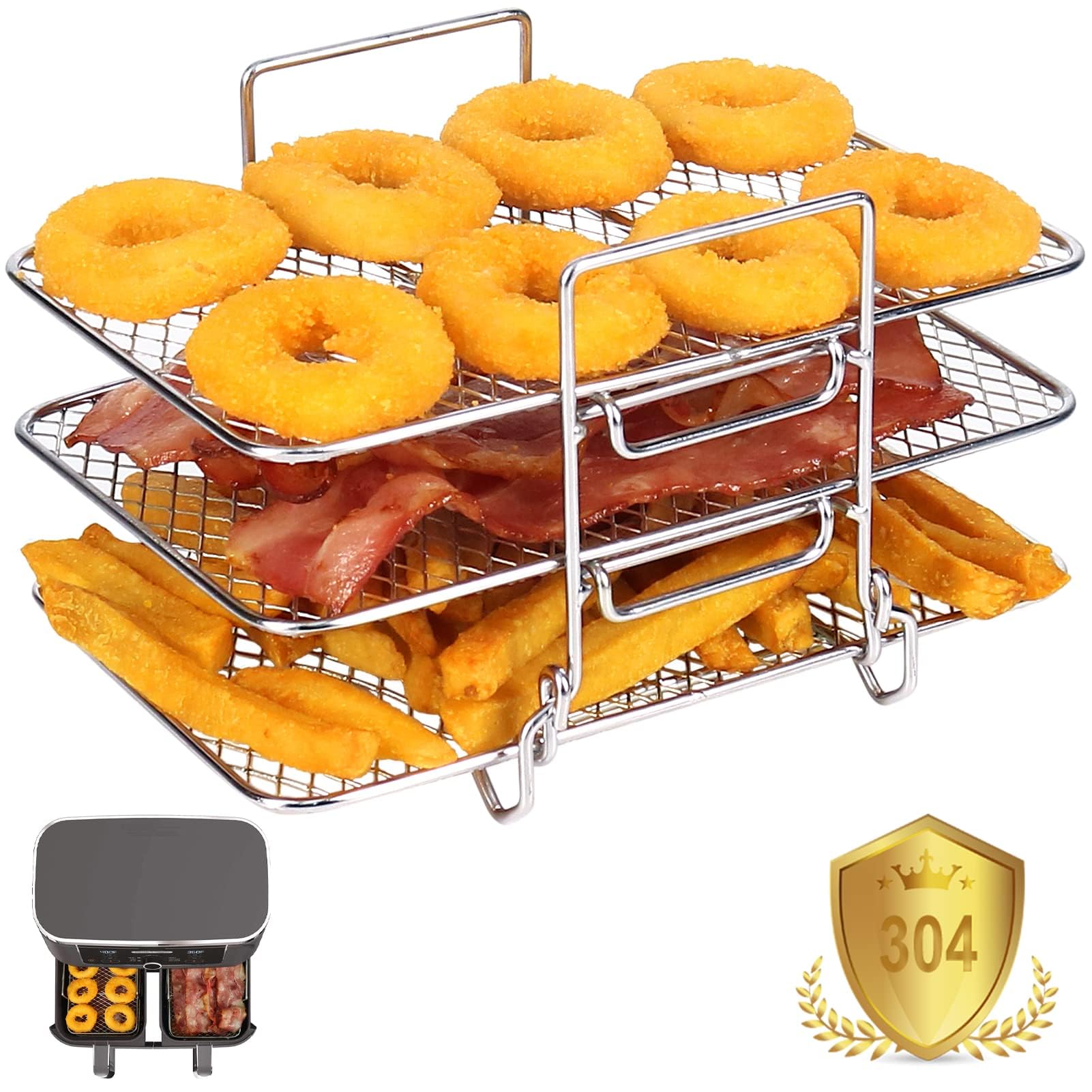 304 Stainless Steel Air Fryer Rack for Ninja/Tower Dual Air Fryers - Multi-Layer Shelf Accessory Compatible with AF300UK, AF400UK, Salter & EMtronics Models | Perfect for Crispy Fries, Chicken Wings & Healthy Cooking